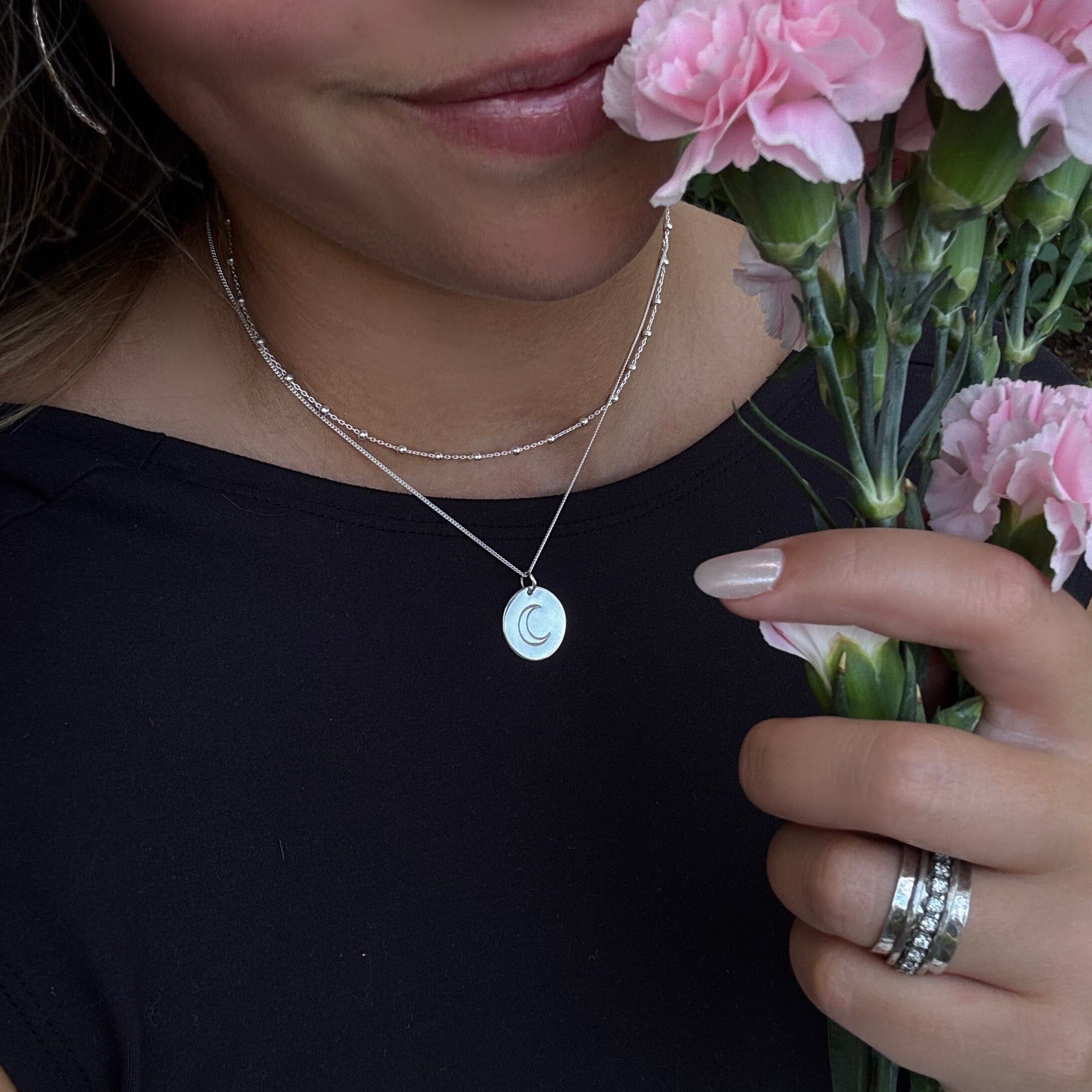sterling silver disc stamped moon paired with lit'l bead station choker and primitive shine ring