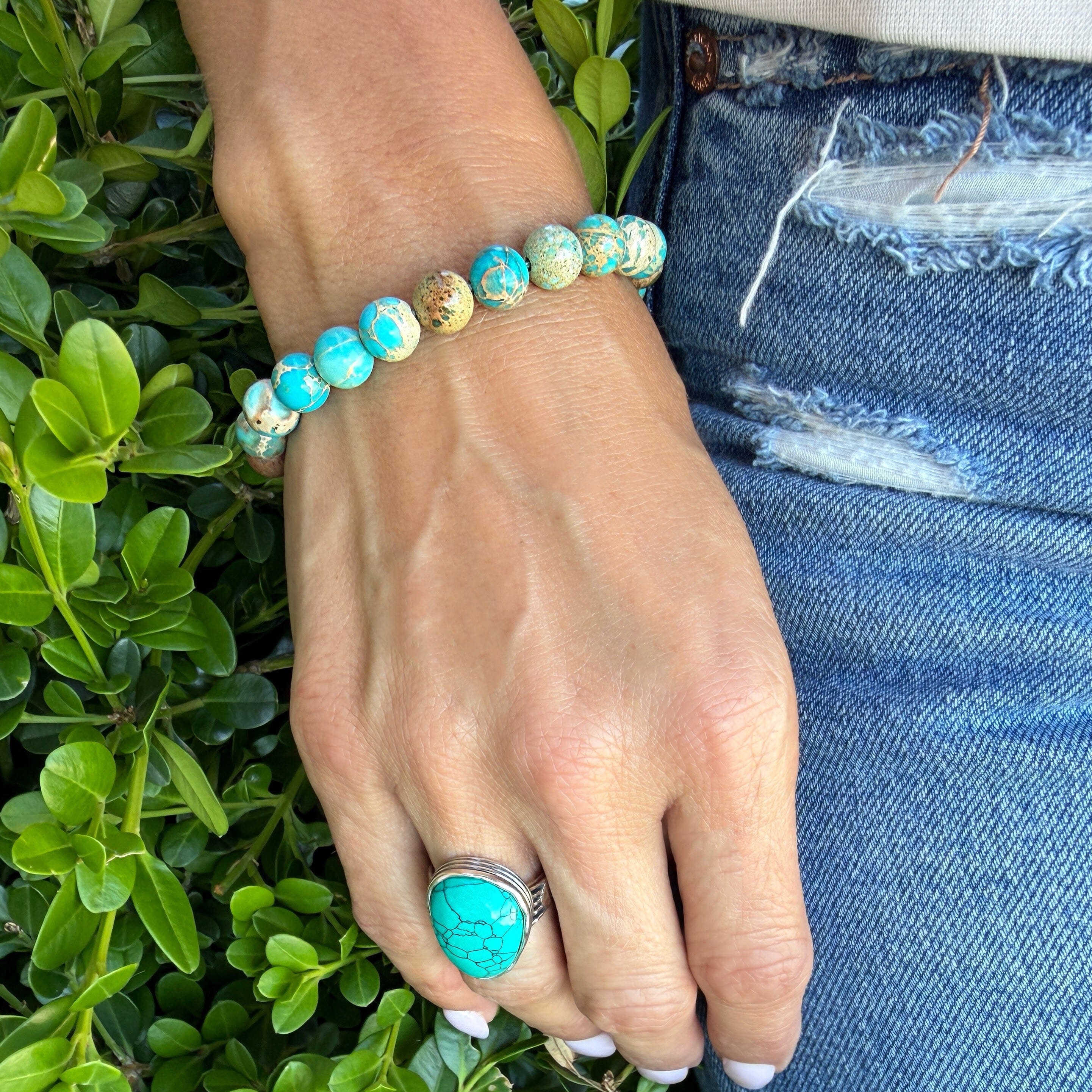 turquoise and neutral colored beaded bracelet