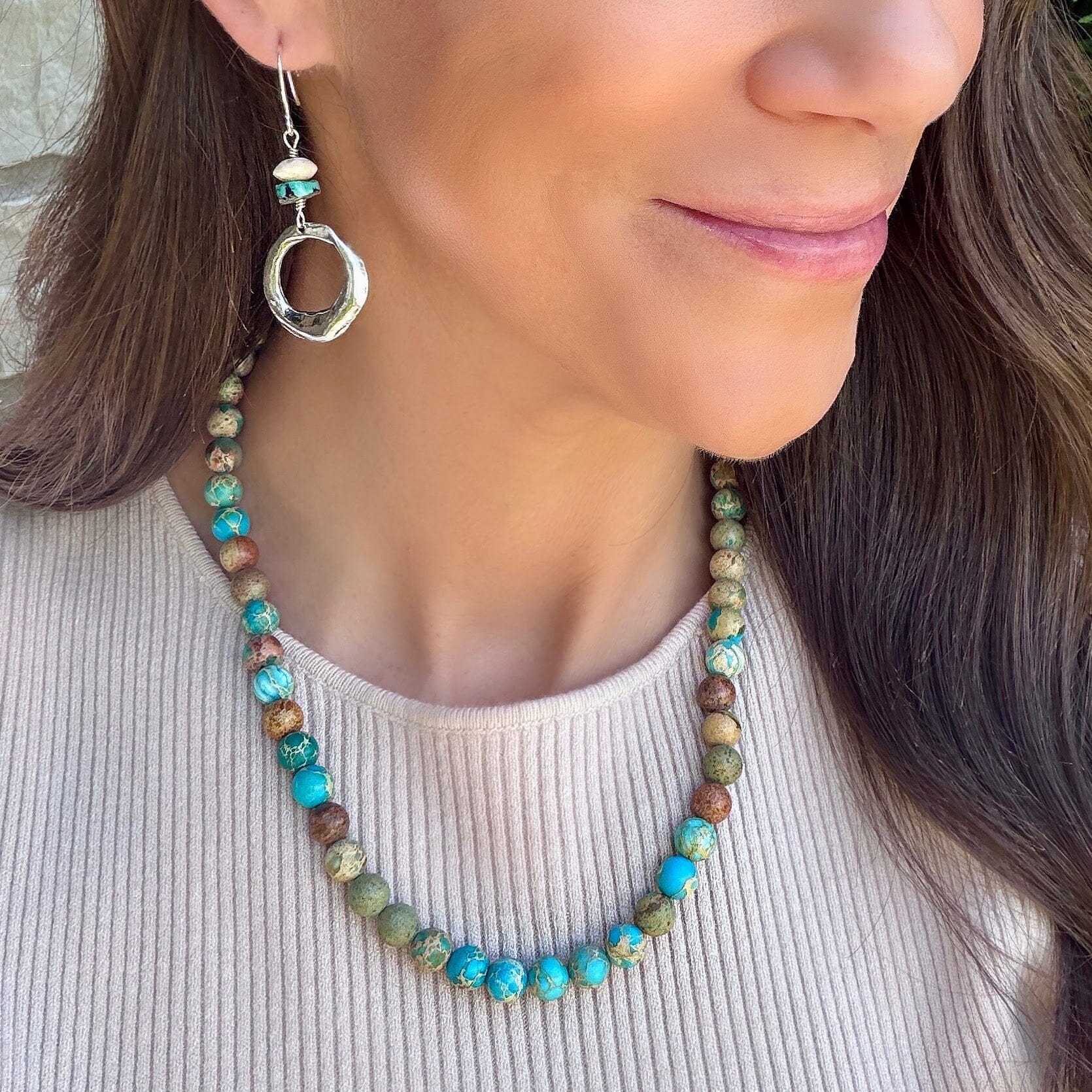 beaded zamak necklace with various earth toned beads