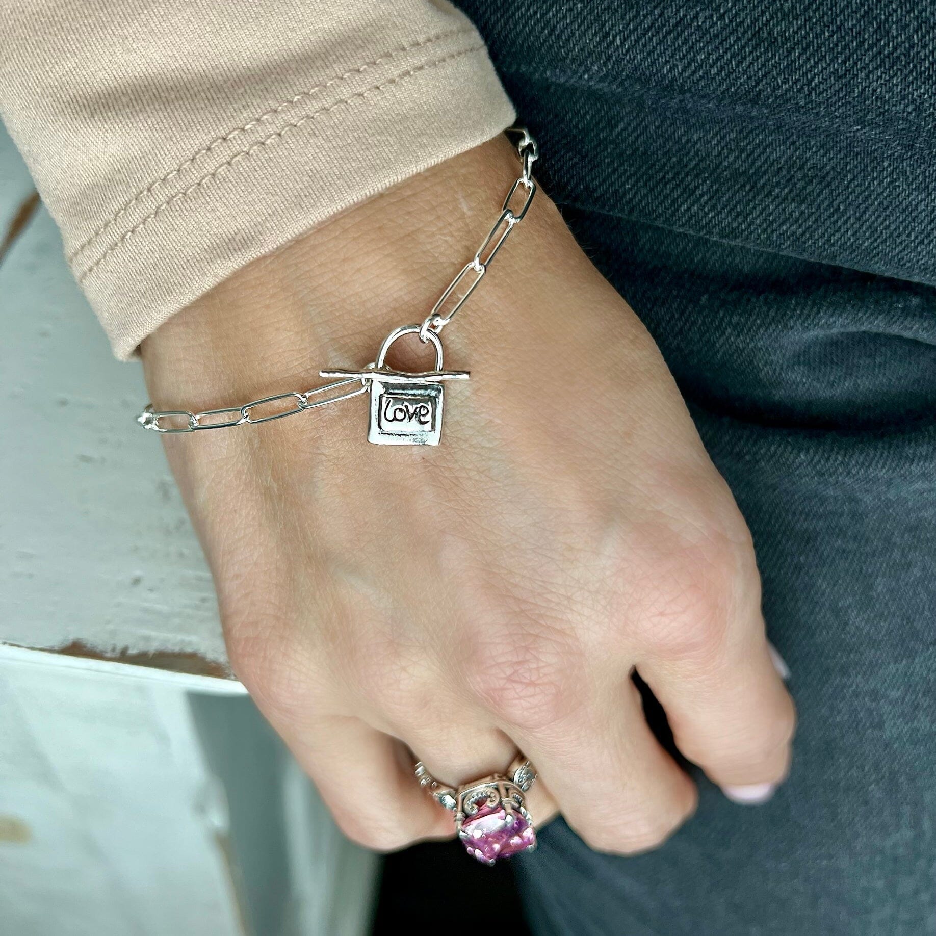 Paperclip Love-Locked Bracelet paired with Pink Parfait Ring