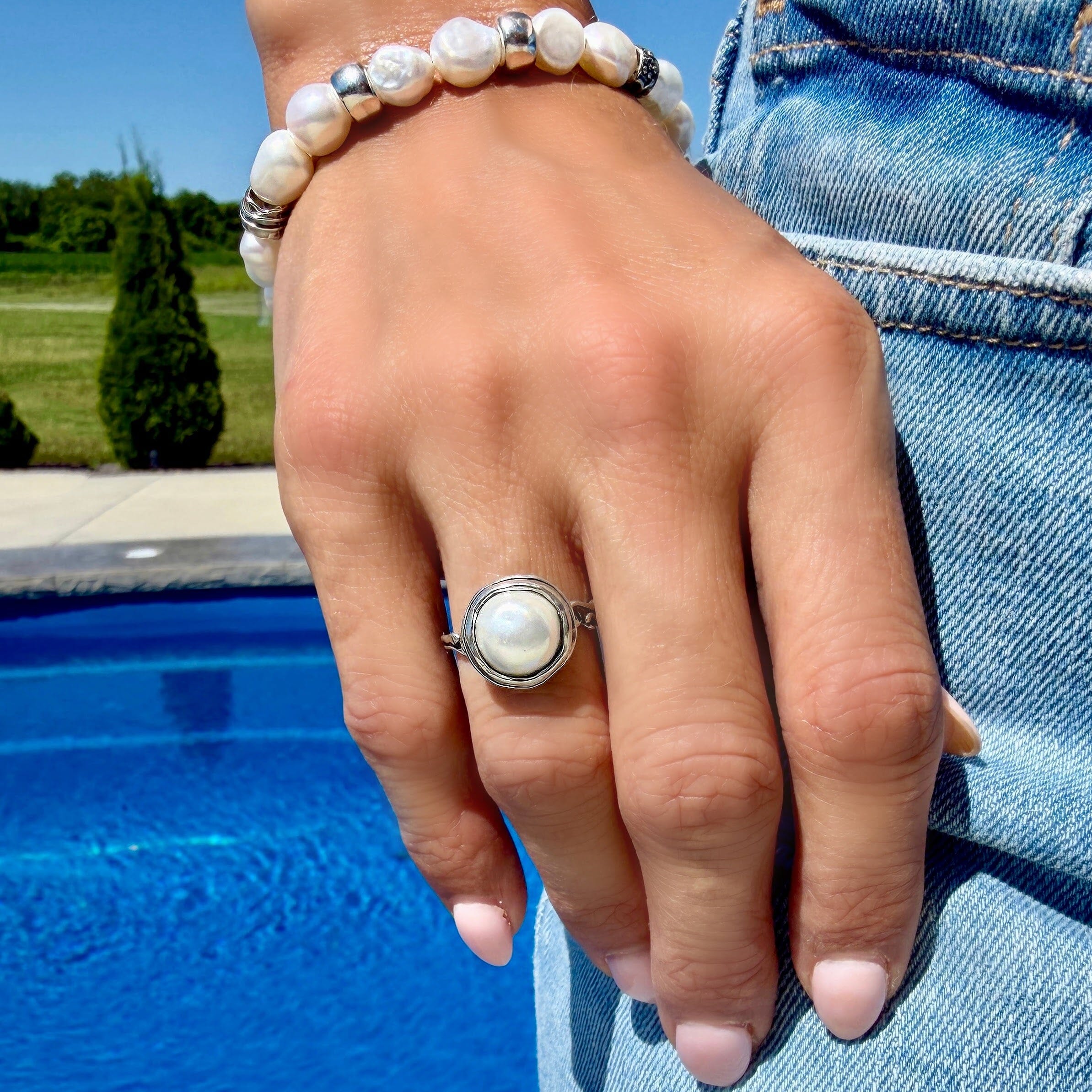 freshwater pearl bezel set in sterling silver ring