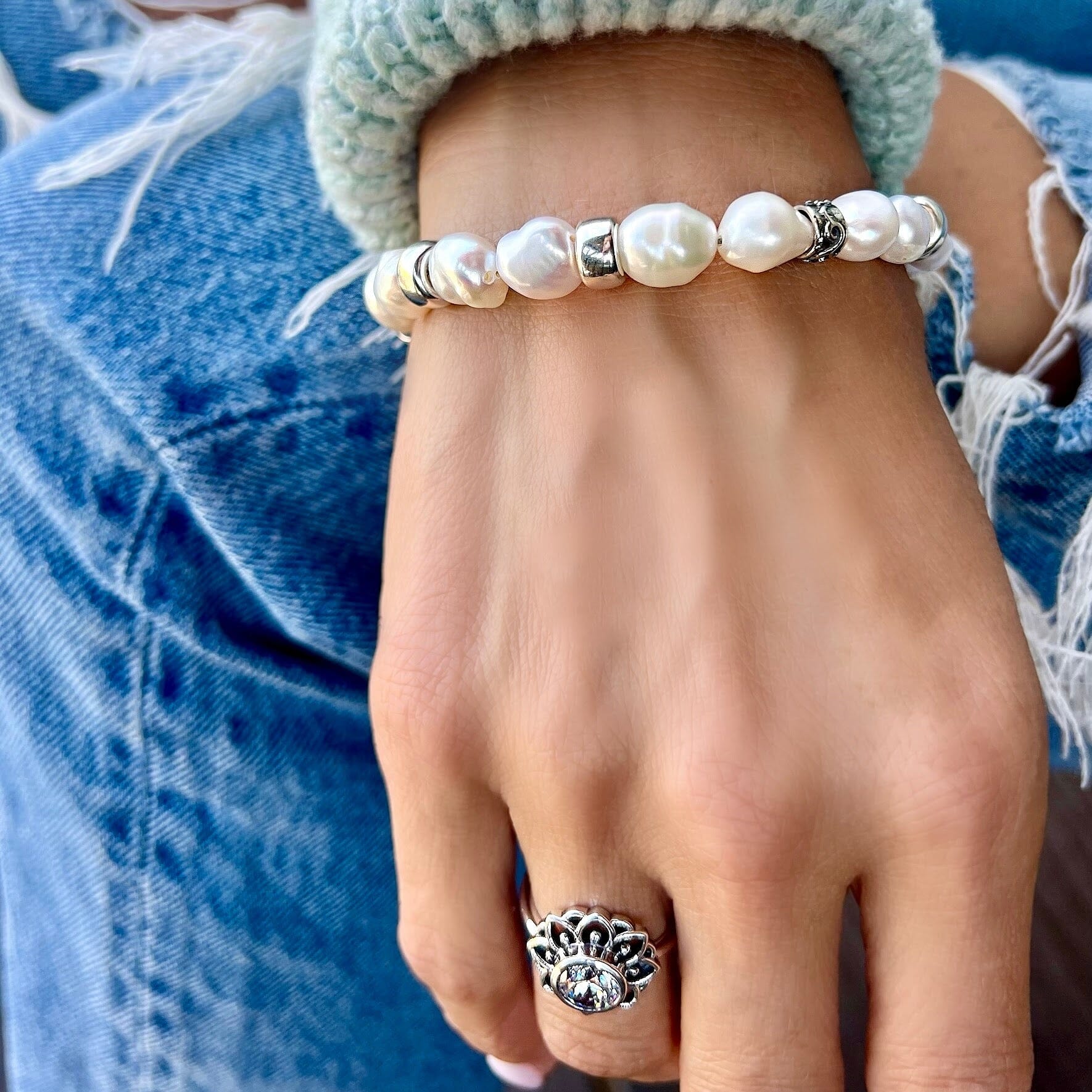 organic freshwater pearl bracelet with sterling silver beads paired with good day sunshine ring