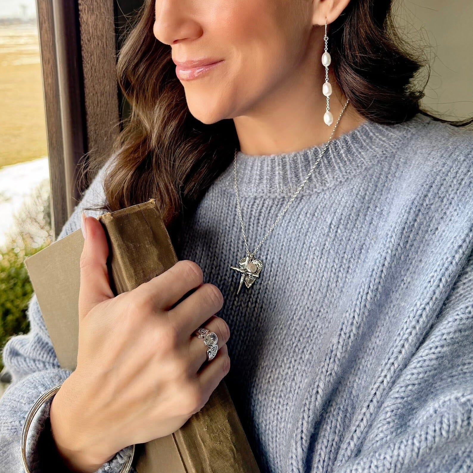 Pearl Swagger Earrings paired with sterling silver jewelry