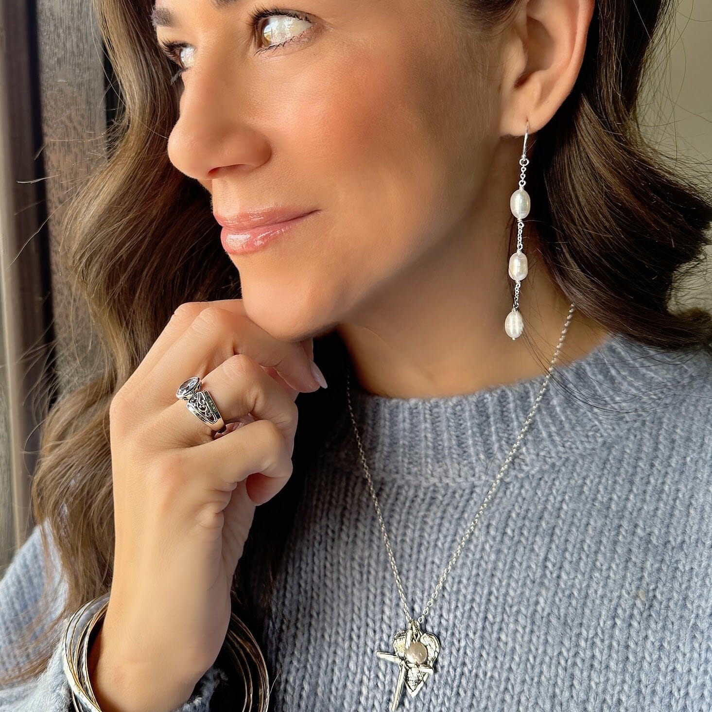 pearls strung on sterling silver earrings