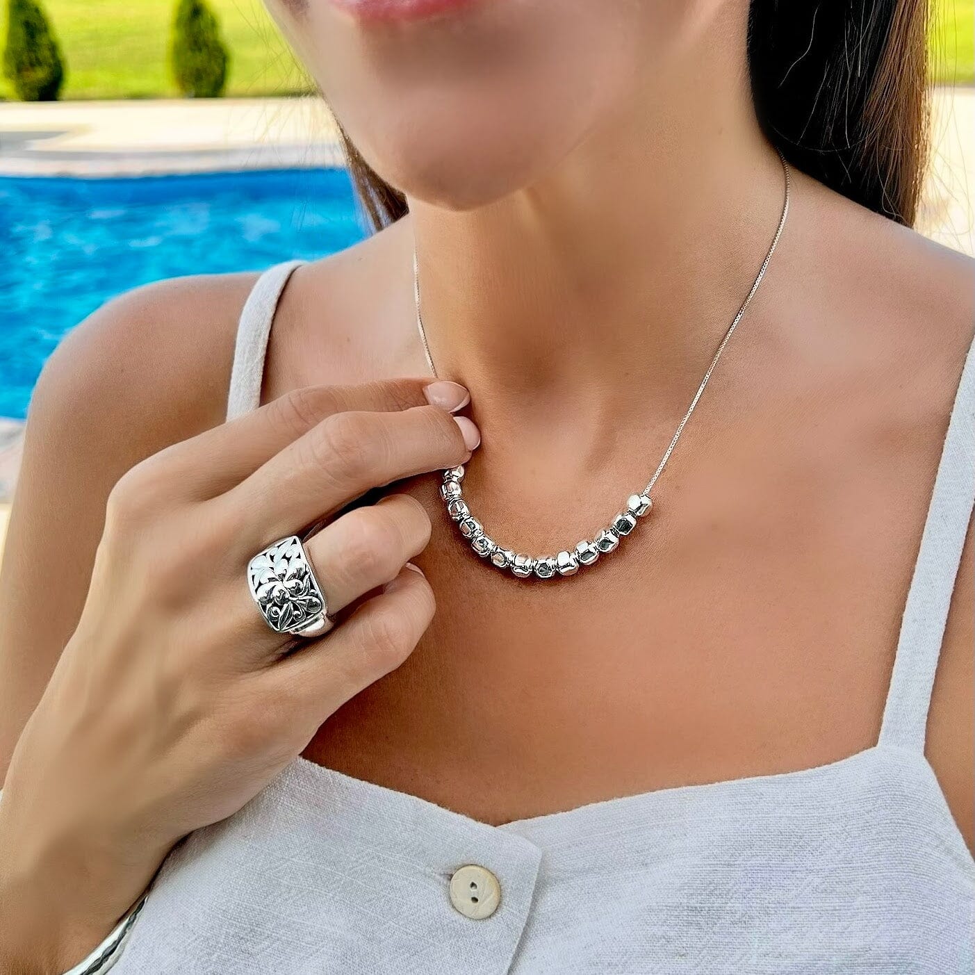 high polished sterling silver bead necklace paired with the venice ring