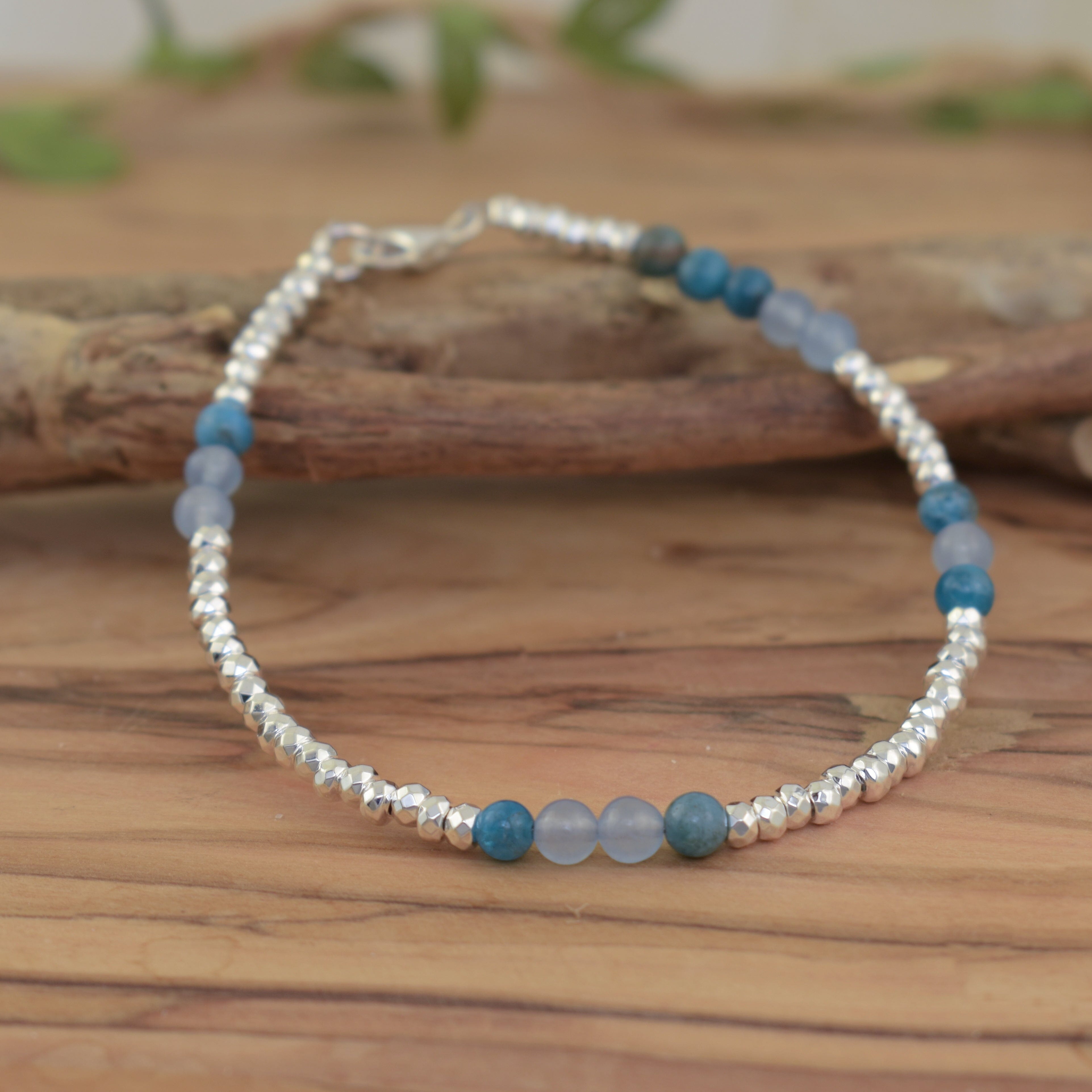 dainty beach style bracelet in sterling silver featuring blue colored beads - Pebble Bay