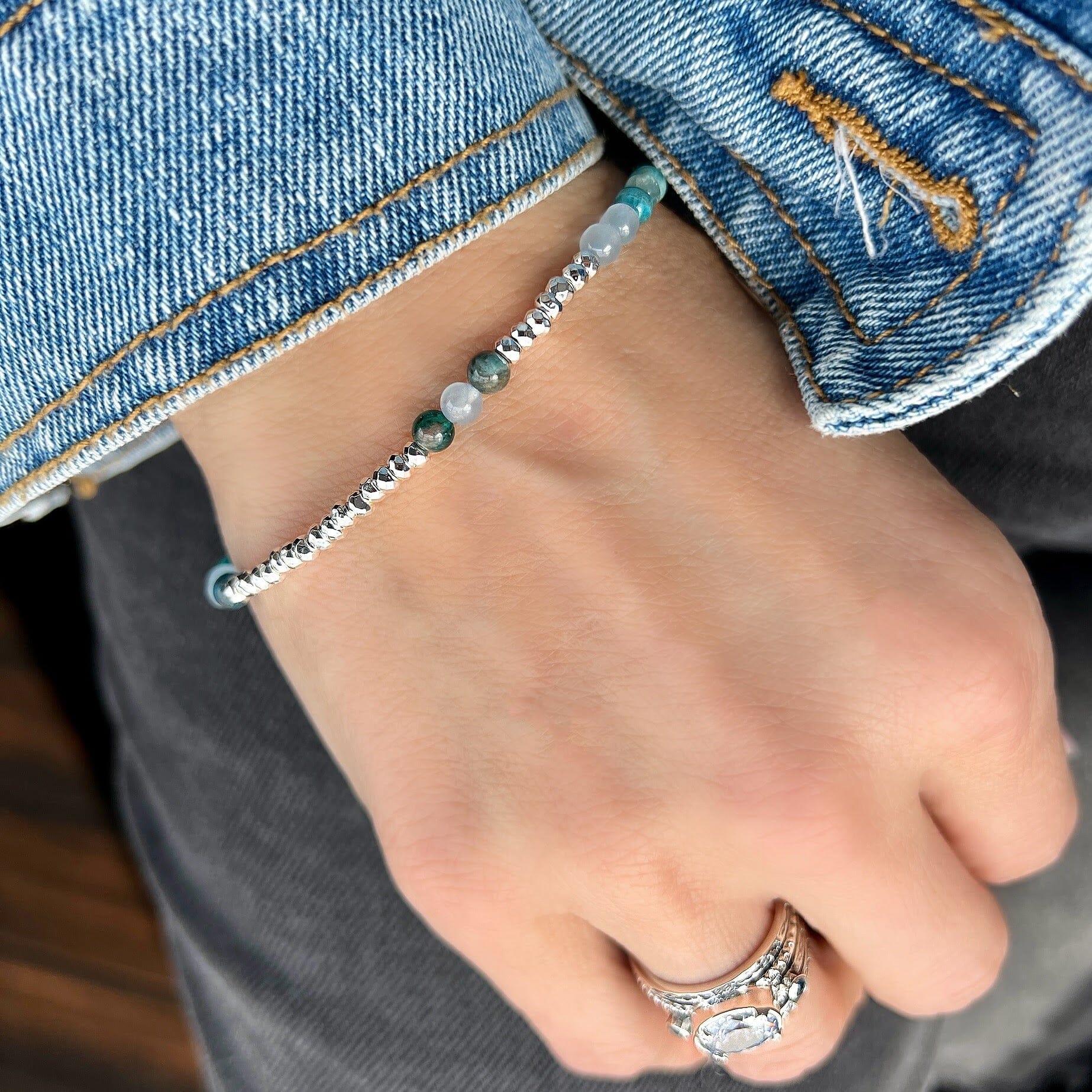 sterling silver beaded bracelet with Apatite, Hemetite stones 