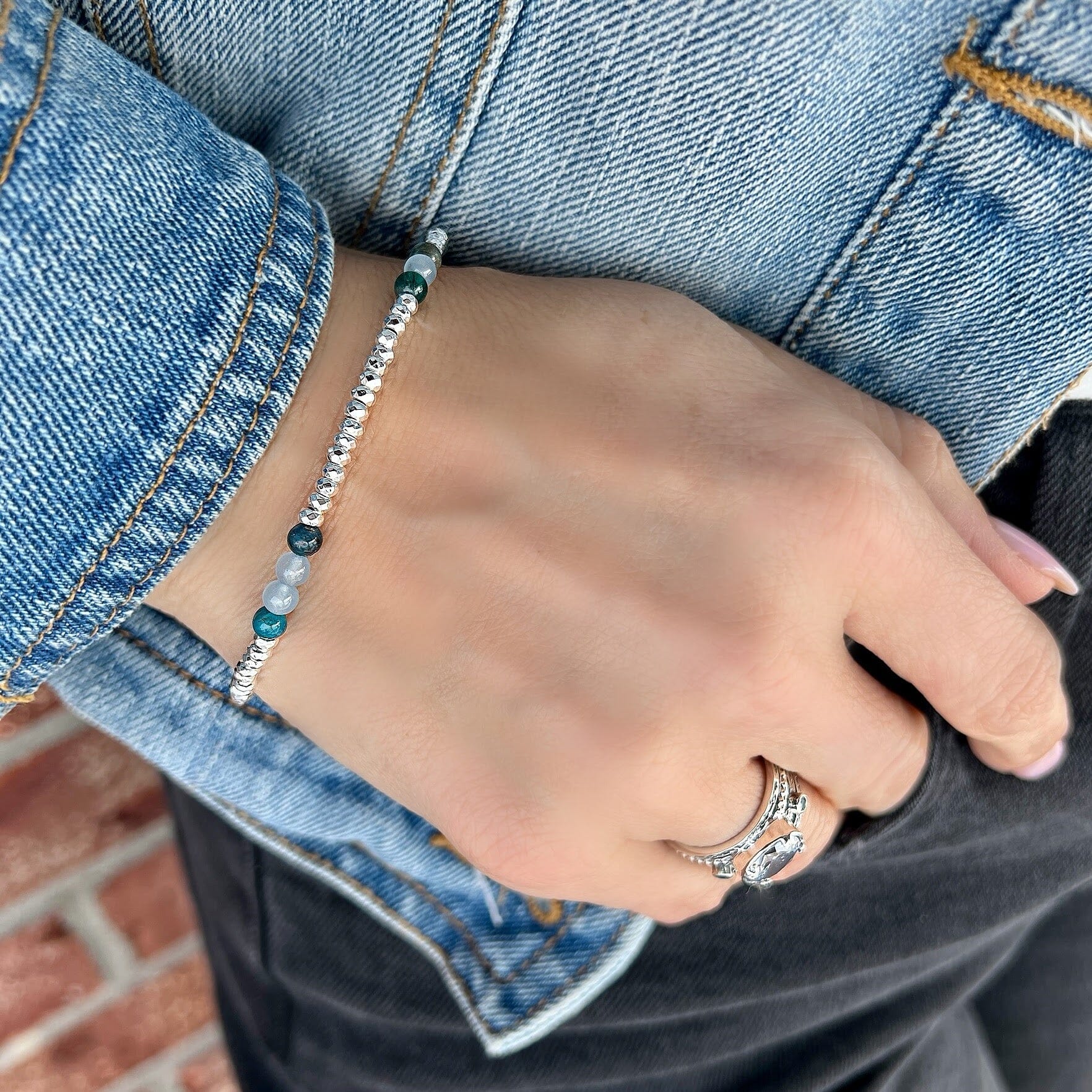 Apatite, Hemetite stones paired with crinkle sterling silver beads