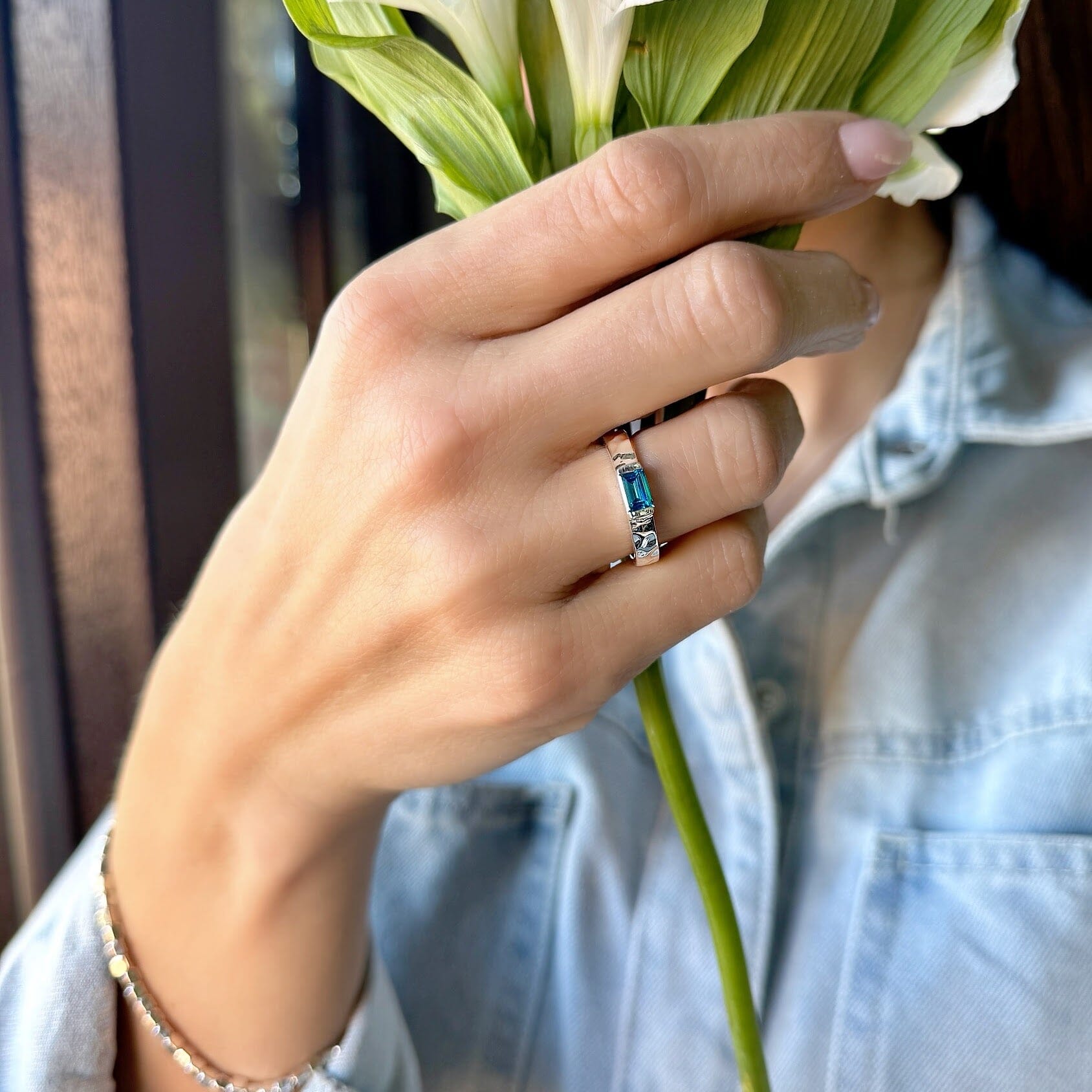 rectangular blue cz bezel set in silver stacking ring