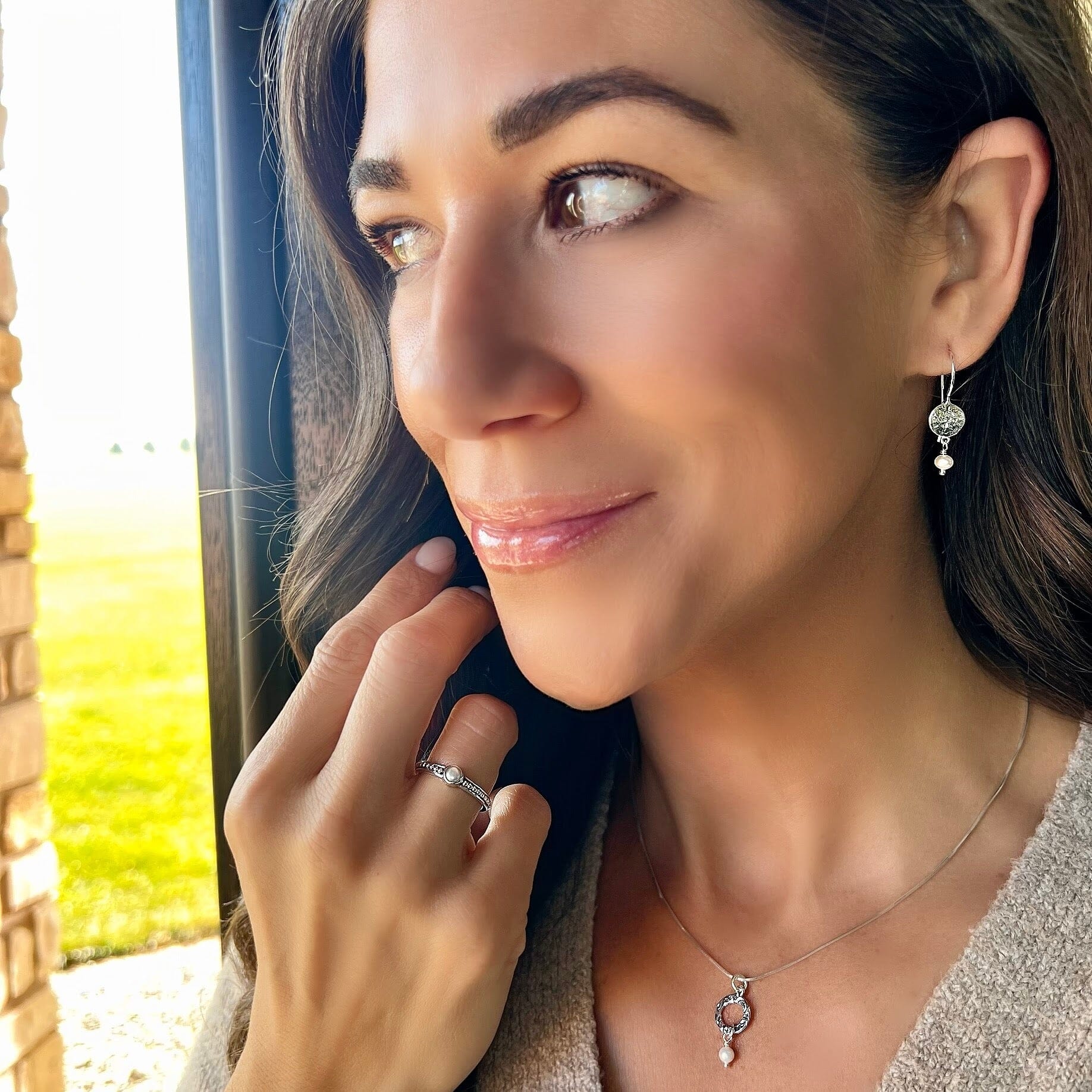 perfect match earrings paired with the simple things necklace and beaded pearl ring