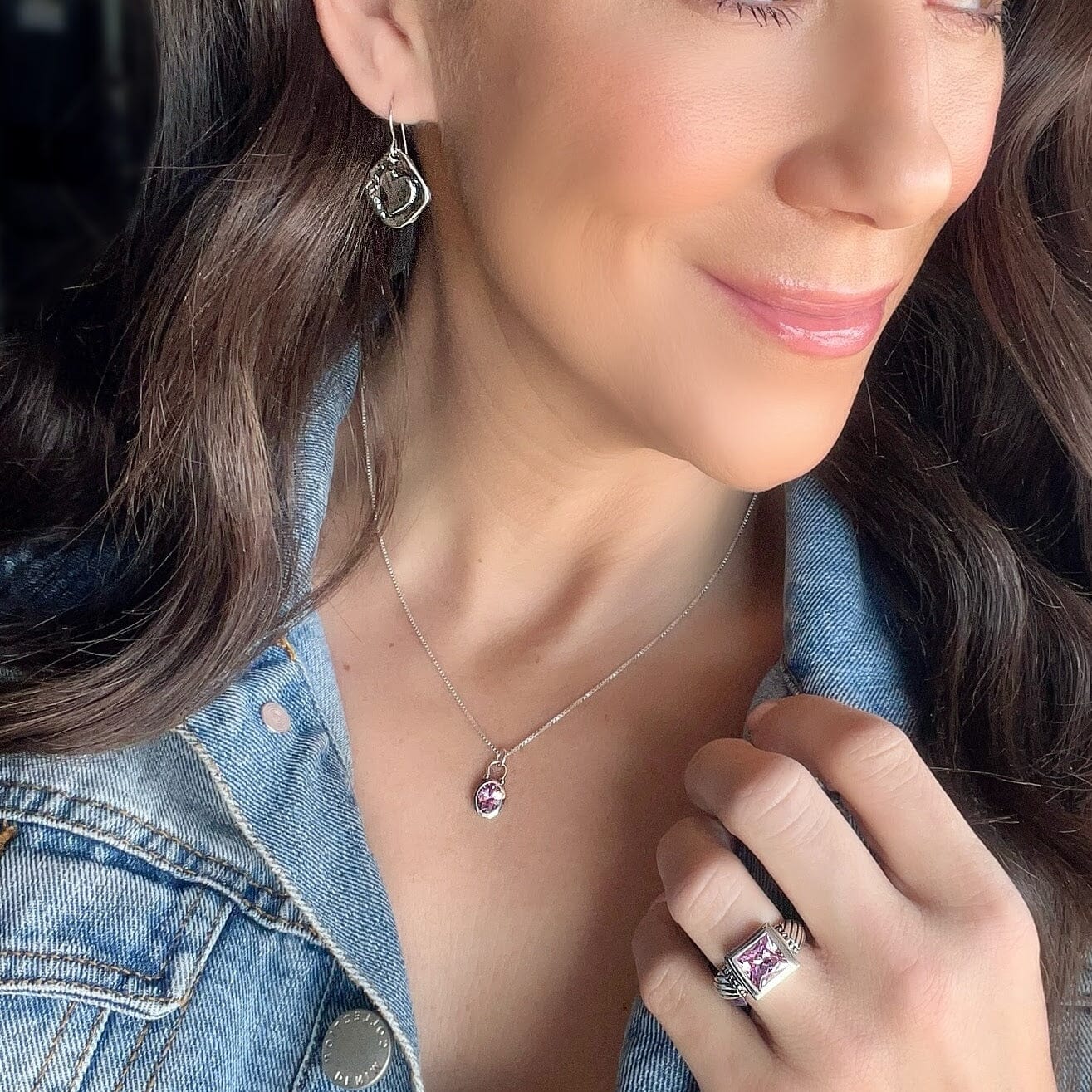 dainty pink CZ necklace on a sterling silver box chain