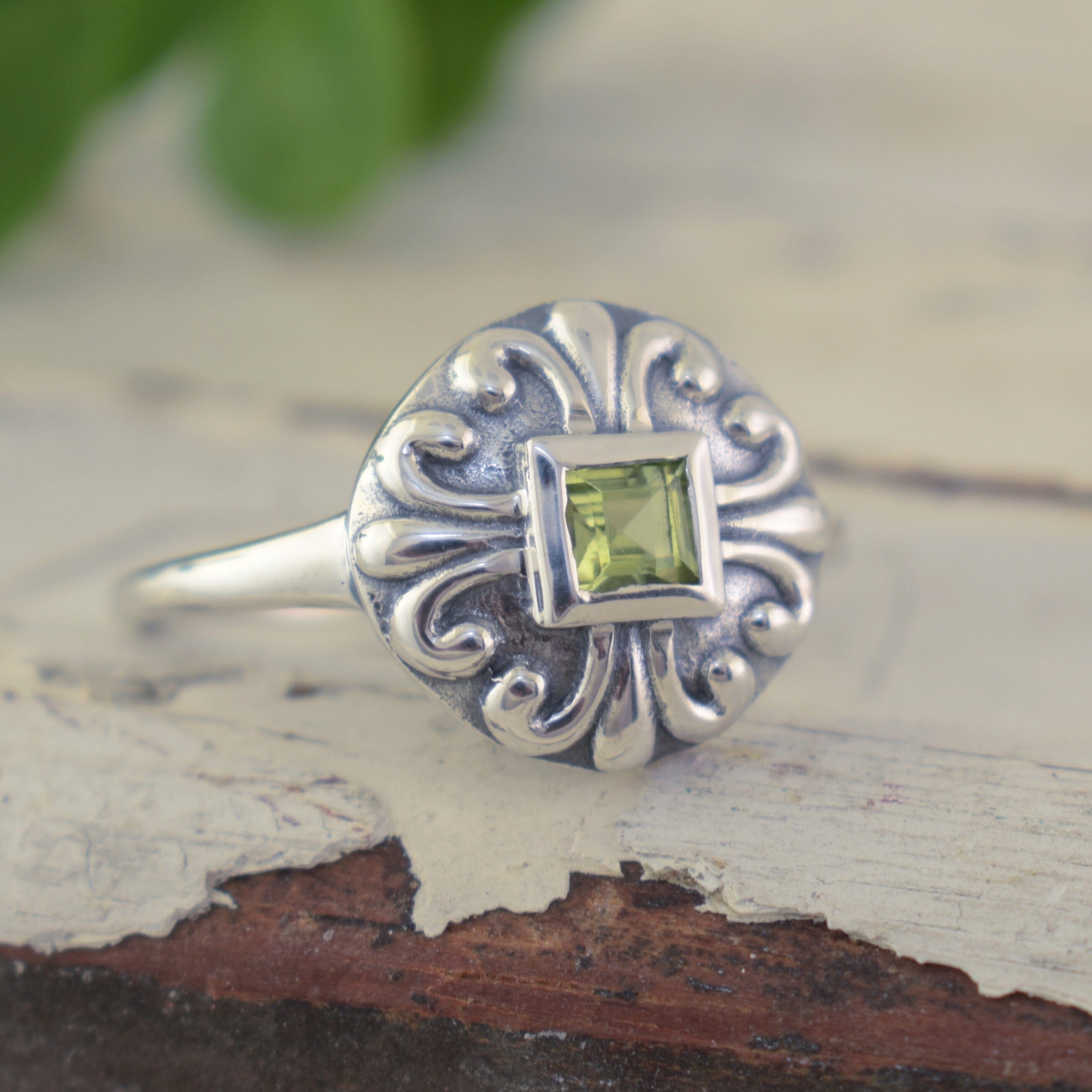 Peridot Panache Ring featuring green peridot and antiqued sterling silver