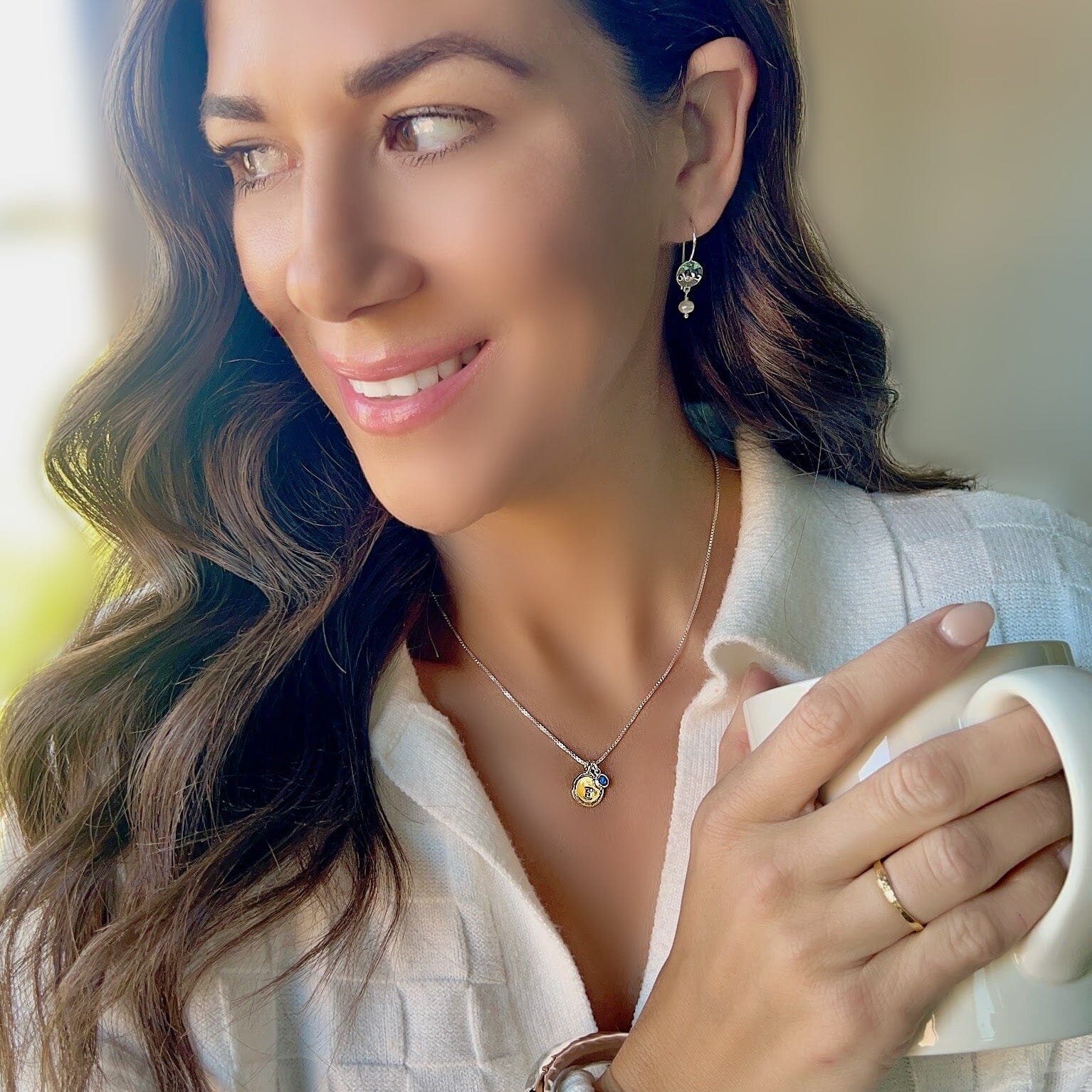 Personalized birthstone necklace paired with the perfect match earrings and the organic gold stack ring