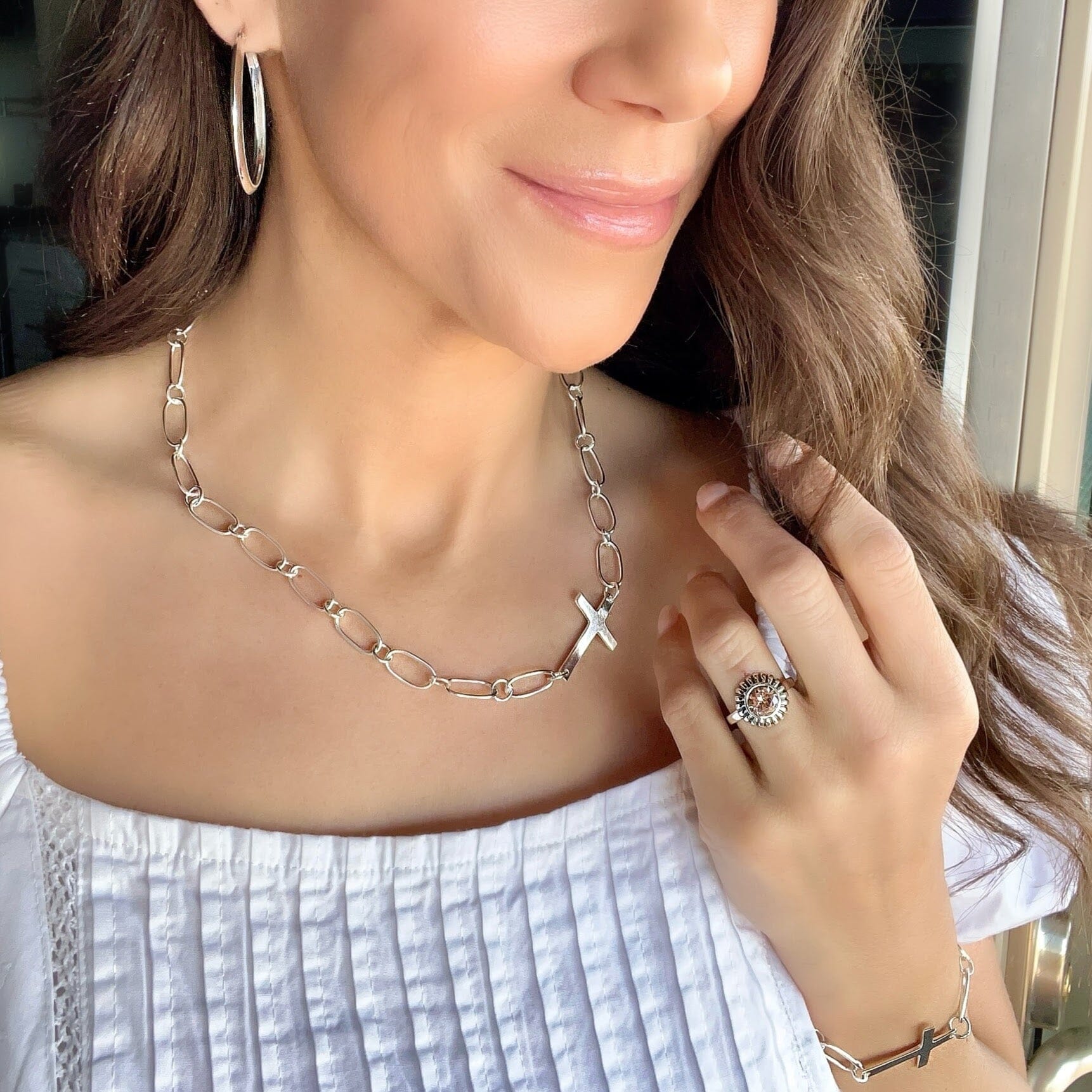 Pick'n Peaches Ring paired with Overtly Oval Hoop Earrings and matching Forever Linked Necklace and Bracelet