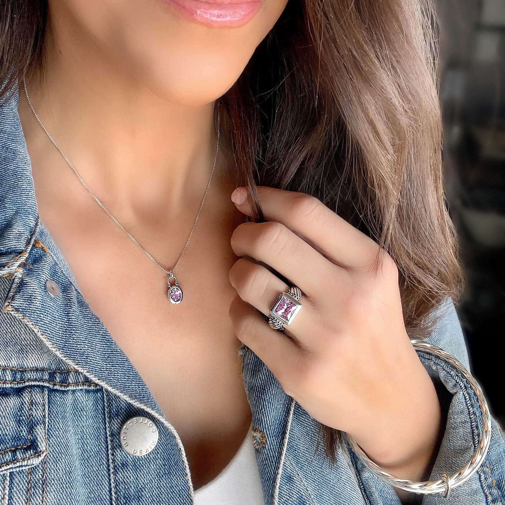 princess cut pink cubic zirconium stone bezel set paired with the perfectly pink necklace and all the rage bangle