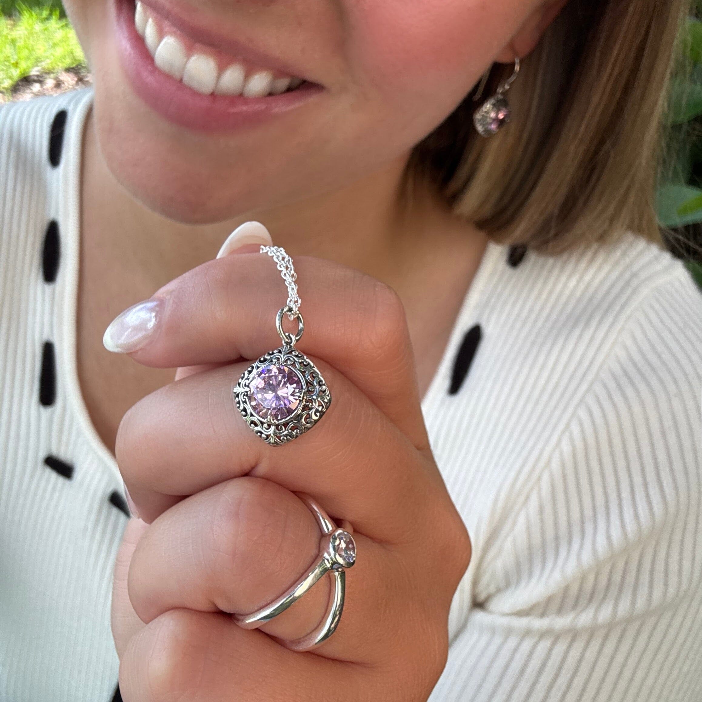 pink cz prong-set in silver filigree necklace