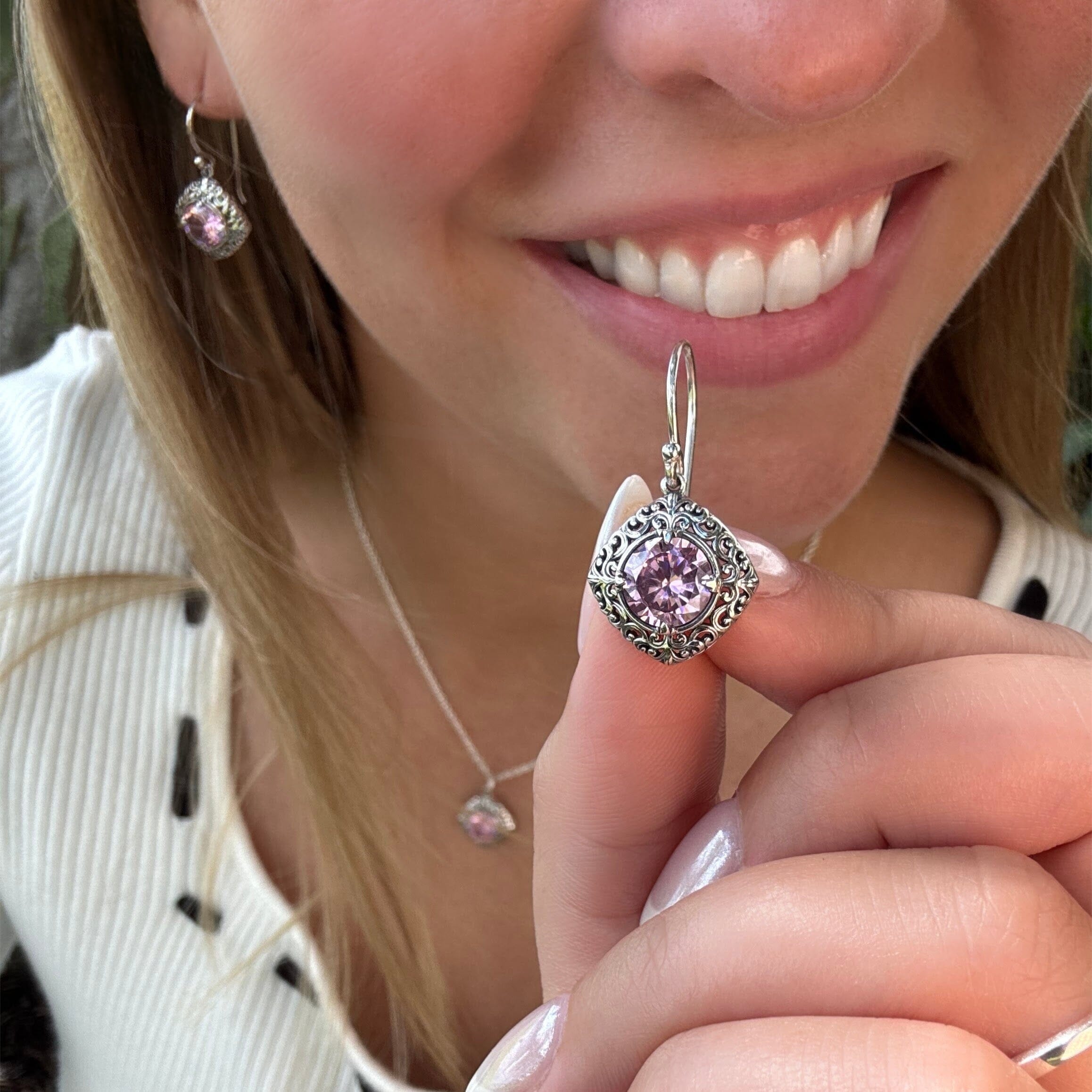 pink cz prong-set in silver filigree earrings