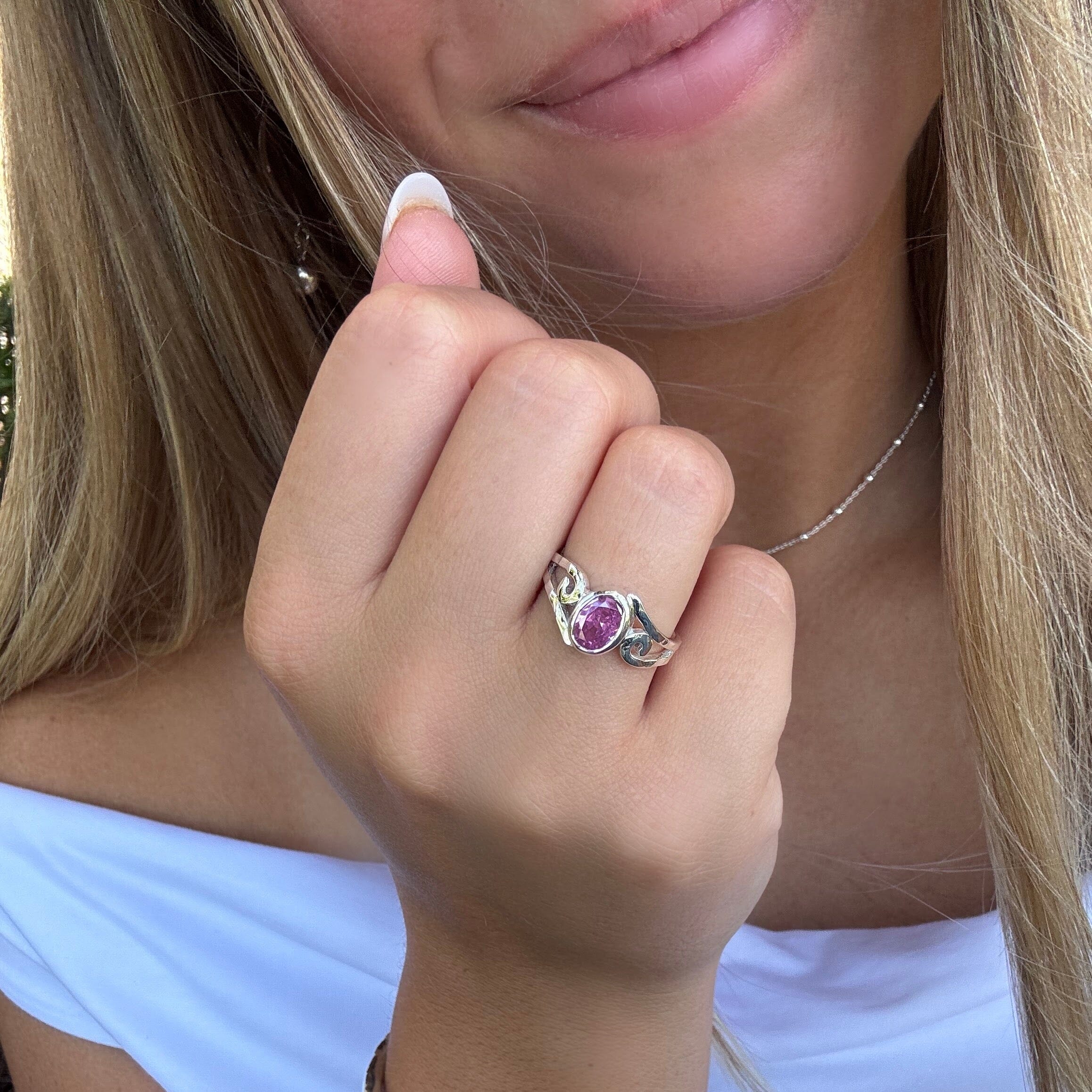 soft pink CZ stone ring high polished sterling silver 