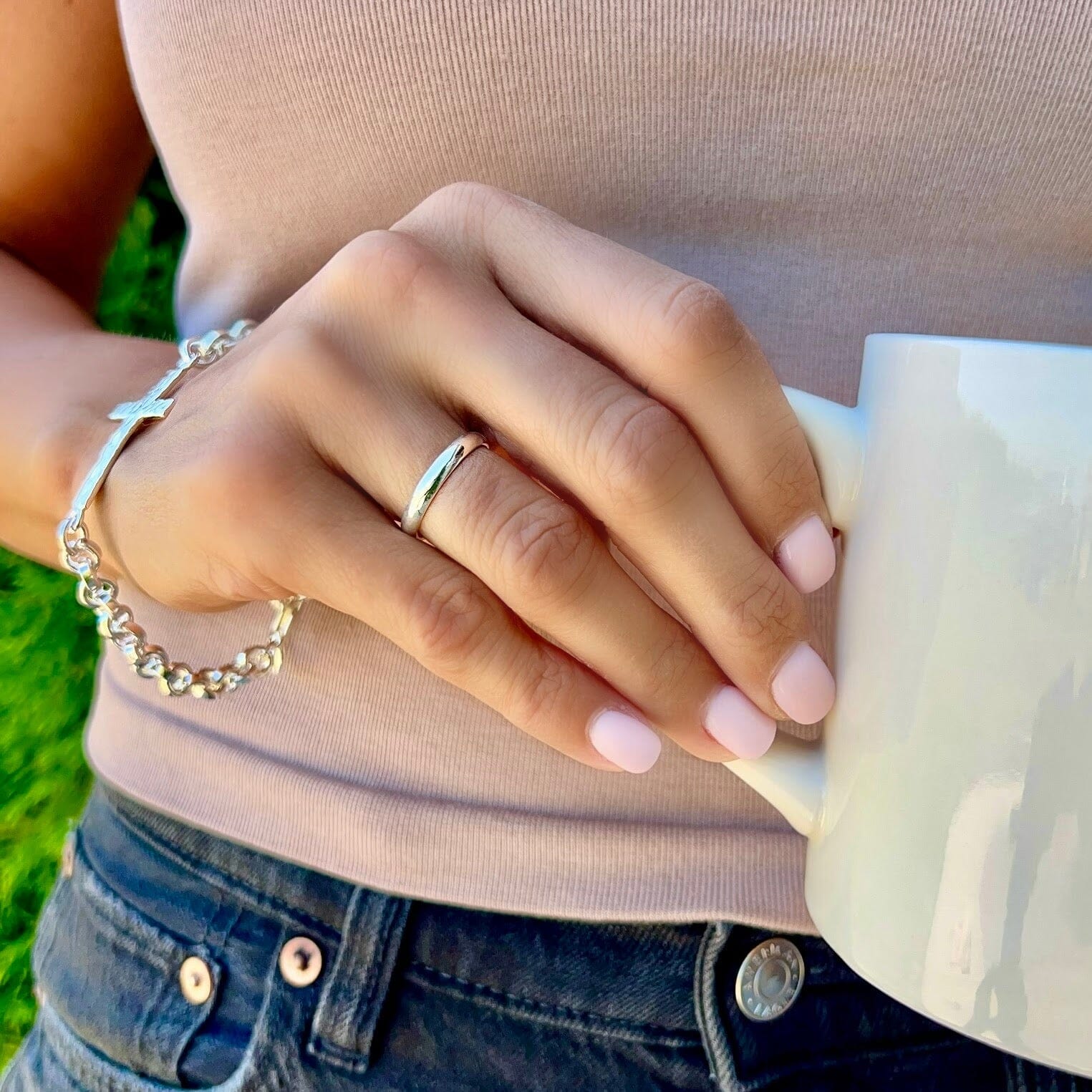 plain .925 silver band ring paired with the cherished one bracelet