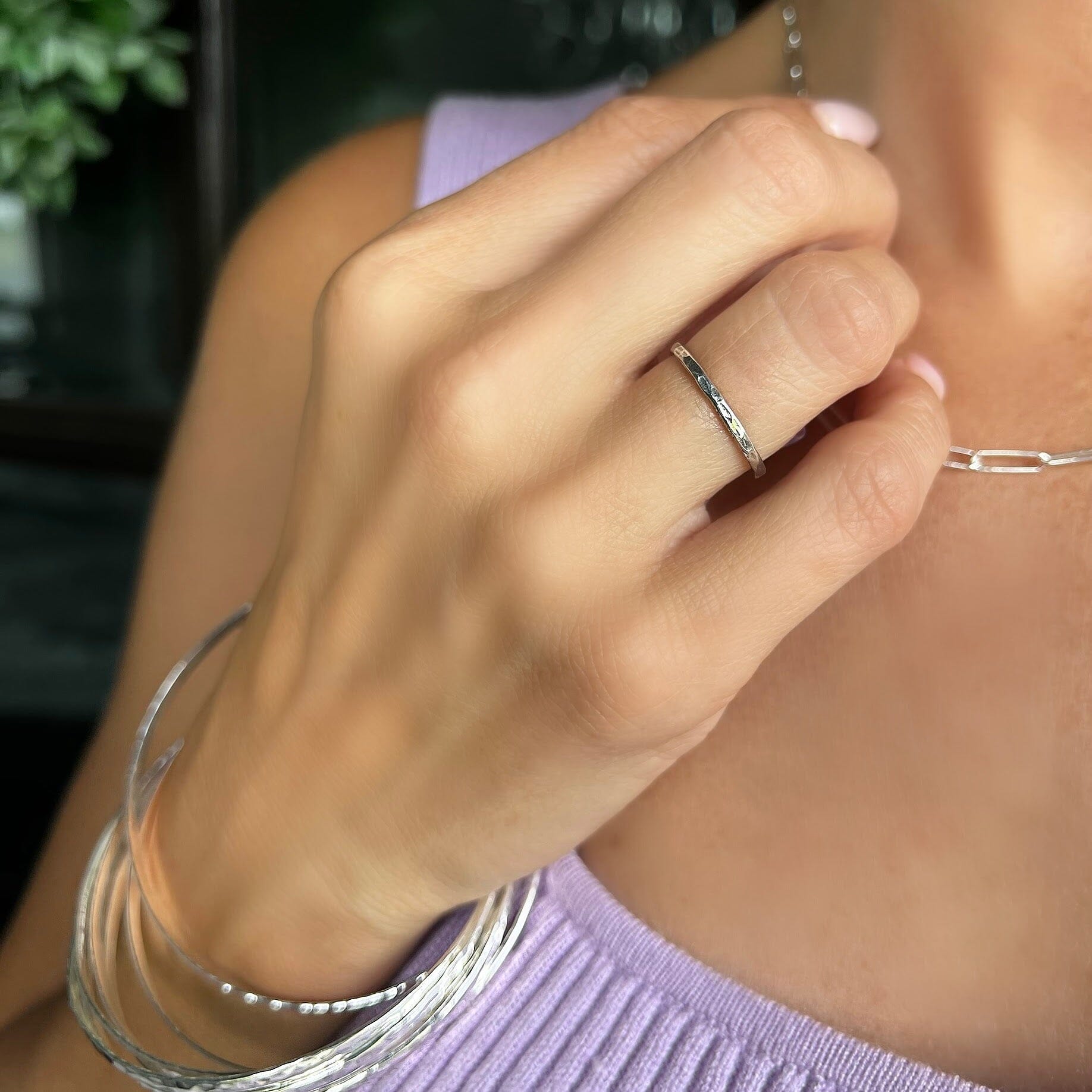 sterling silver thin band stack ring, hammered finish
