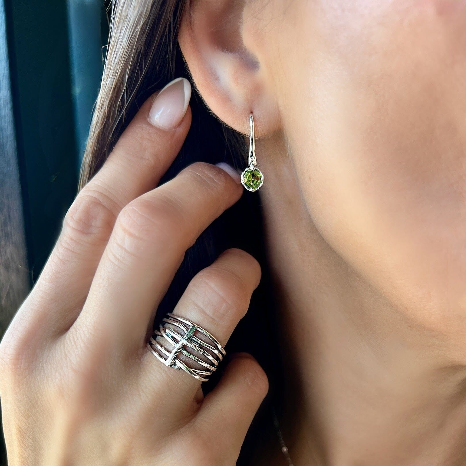 Dainty sterling silver earrings paired with the Through it all ring