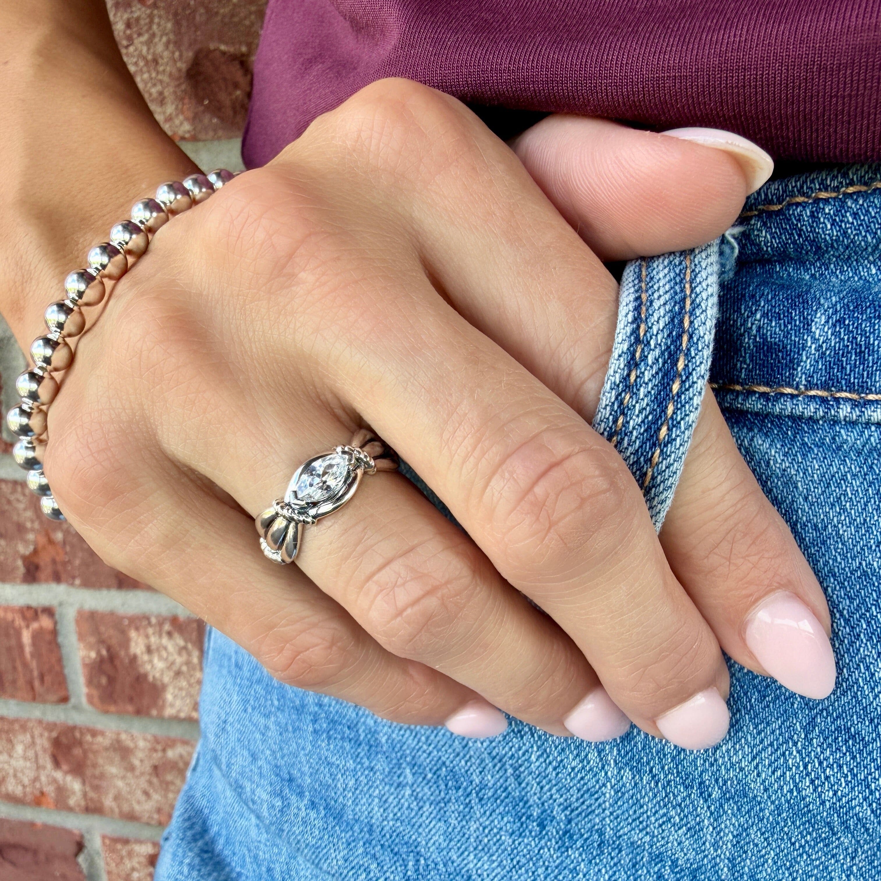 marquise CZ bezel set in a sterling silver vintage style ring