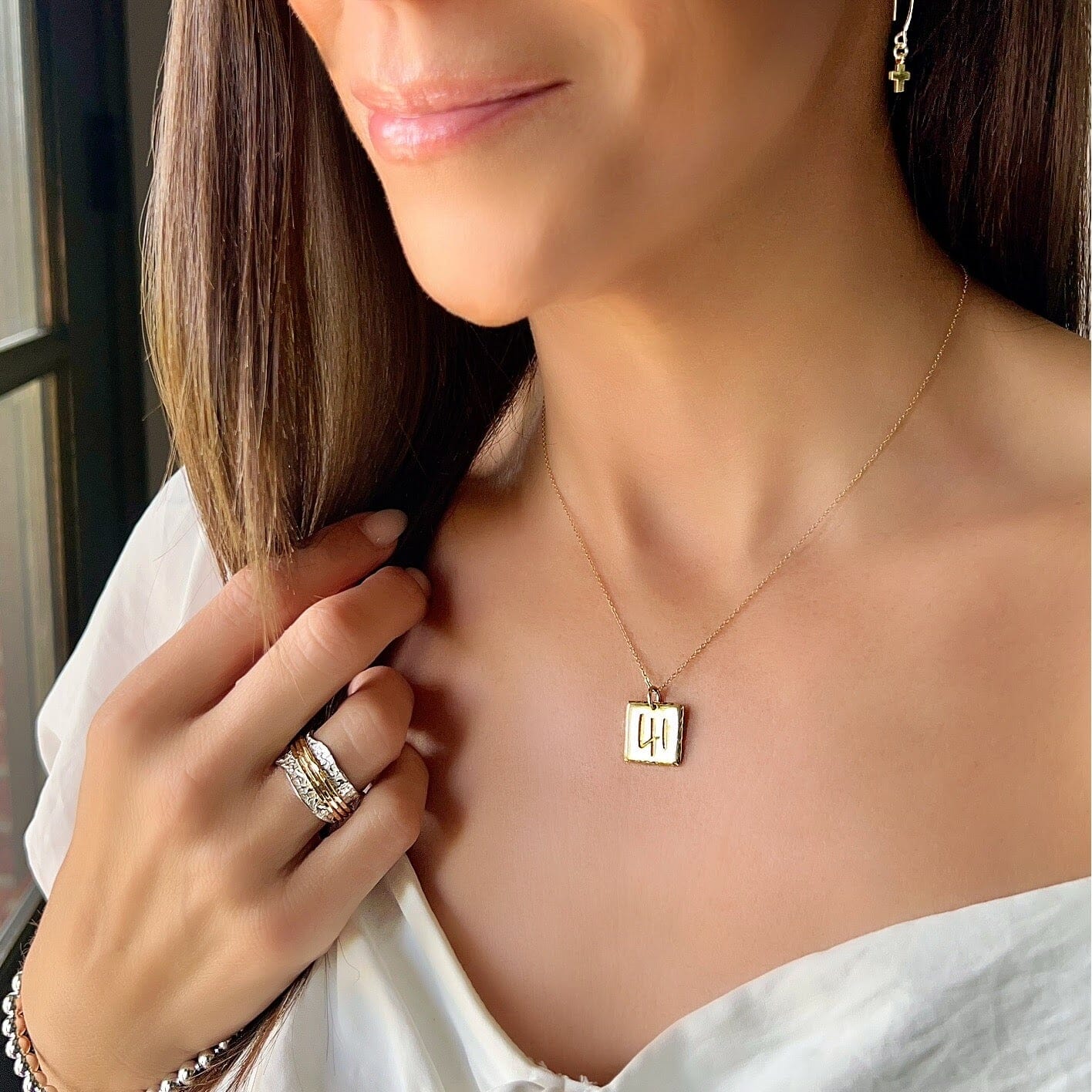 gold 41 Necklace paired with gold Lead Me Earrings and All that Glitters is Gold Ring