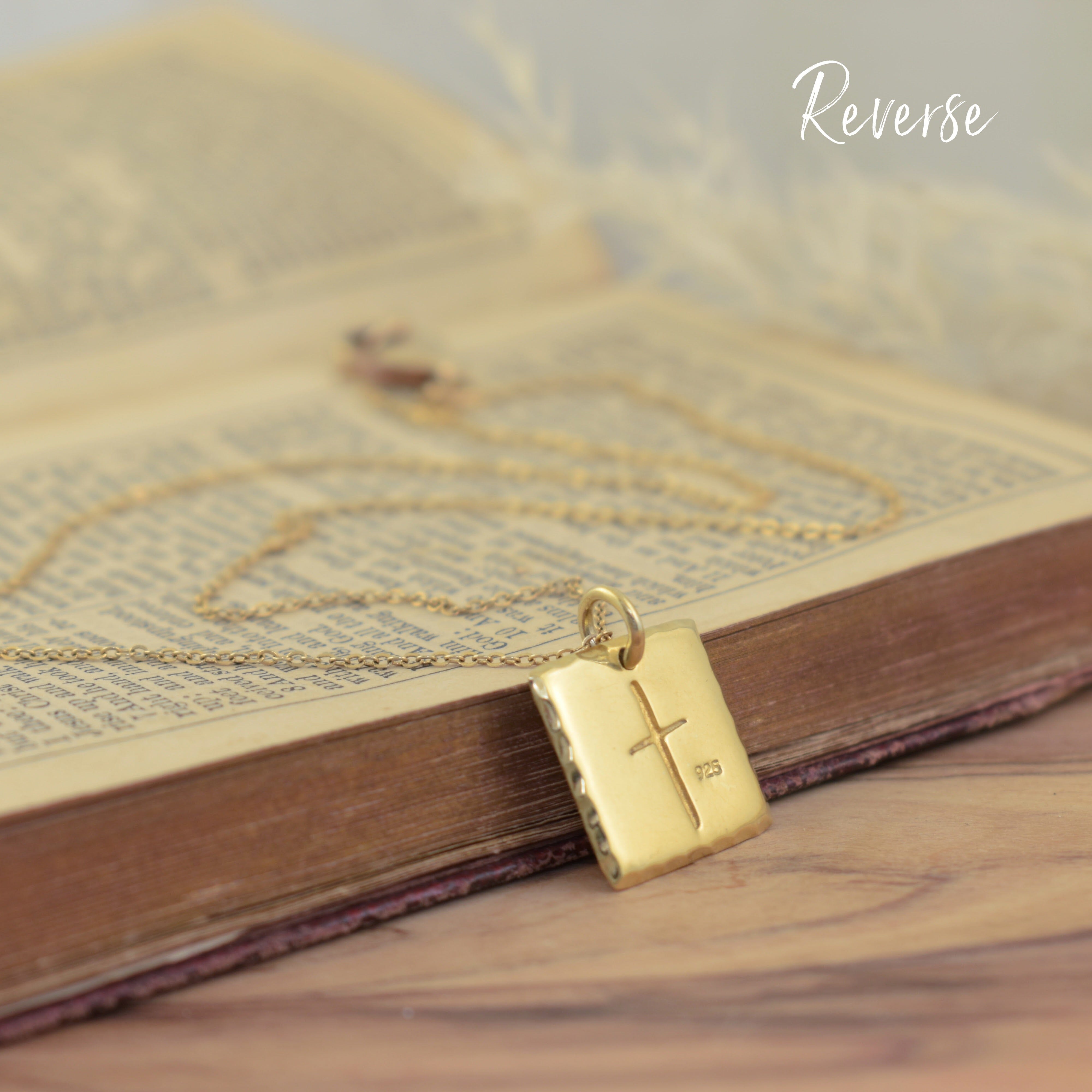 engraved 41 necklace in 14K gold with a cross on the back of the pendant
