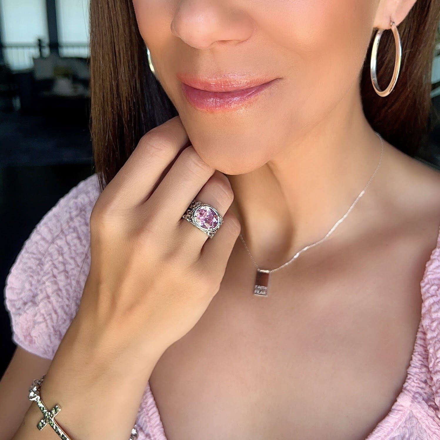 pink statement ring in antiqued .925 sterling silver