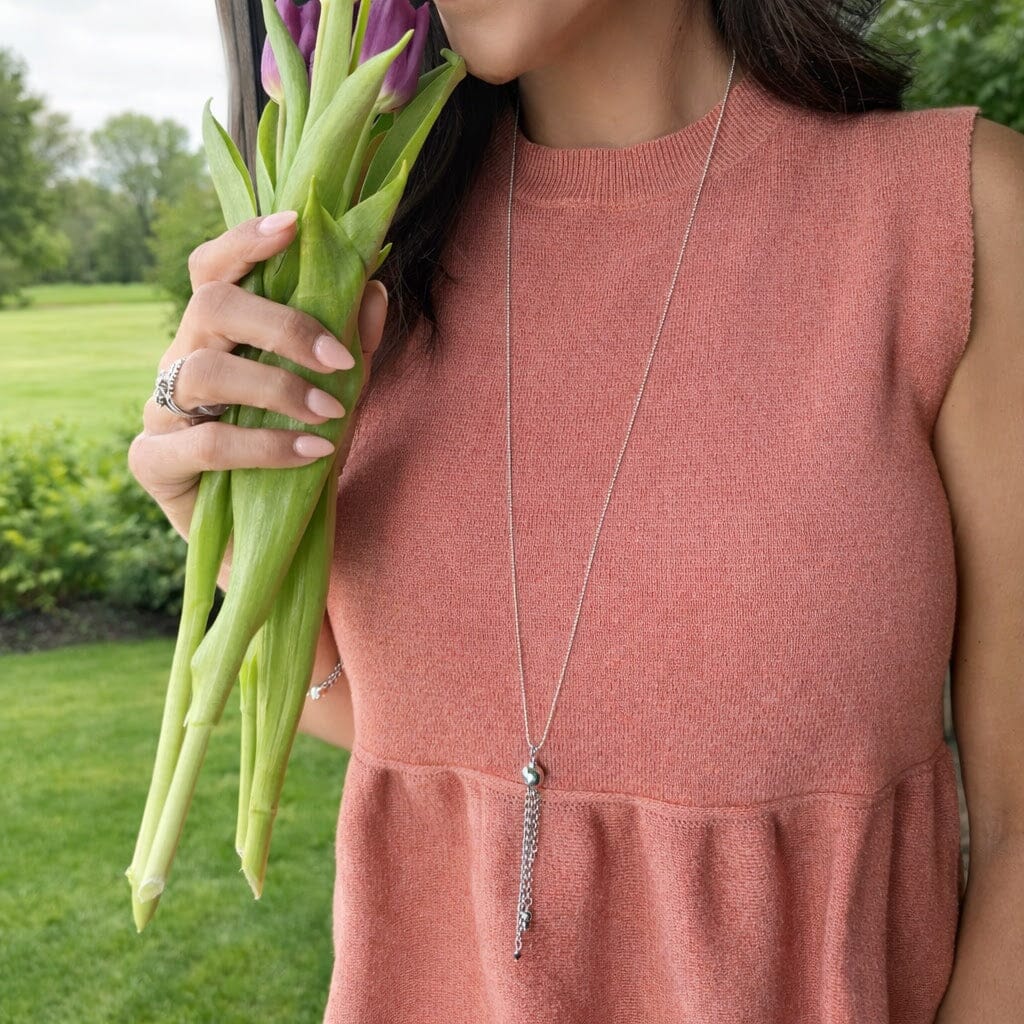 Long statement necklace called Razzle Tassel necklace