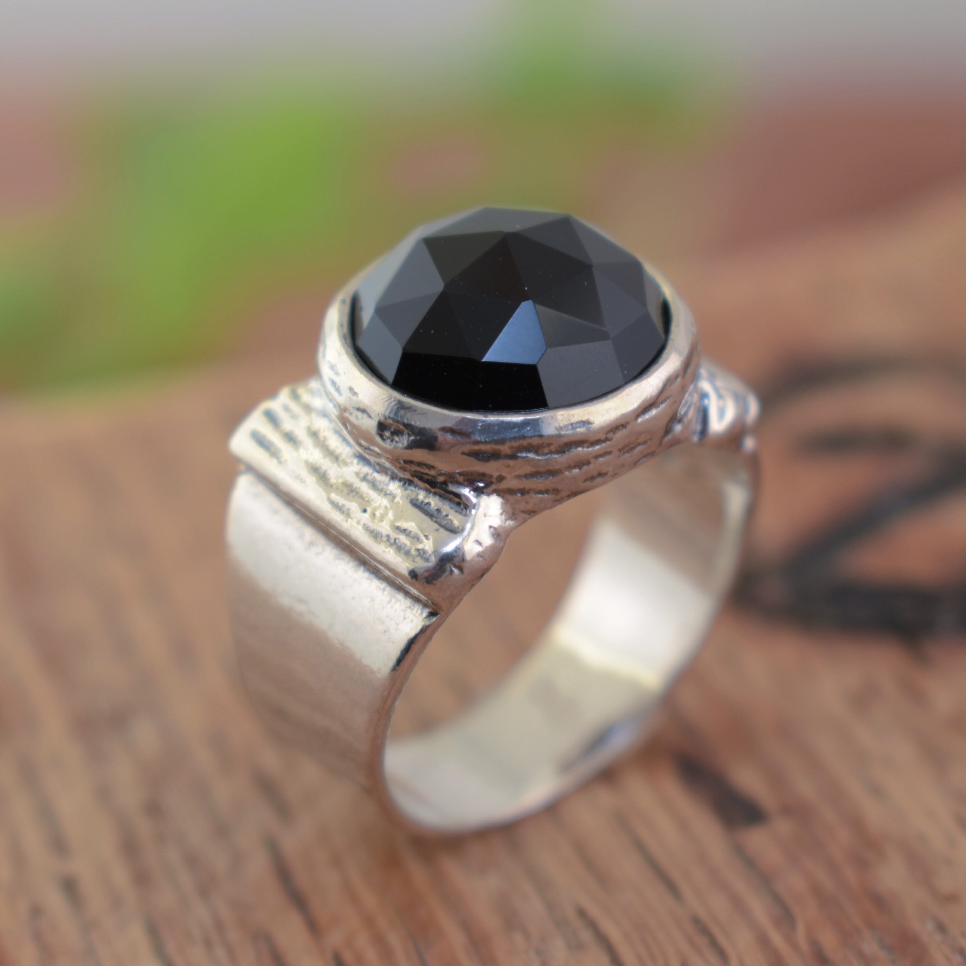 Black stone ring set in oxidized sterling silver