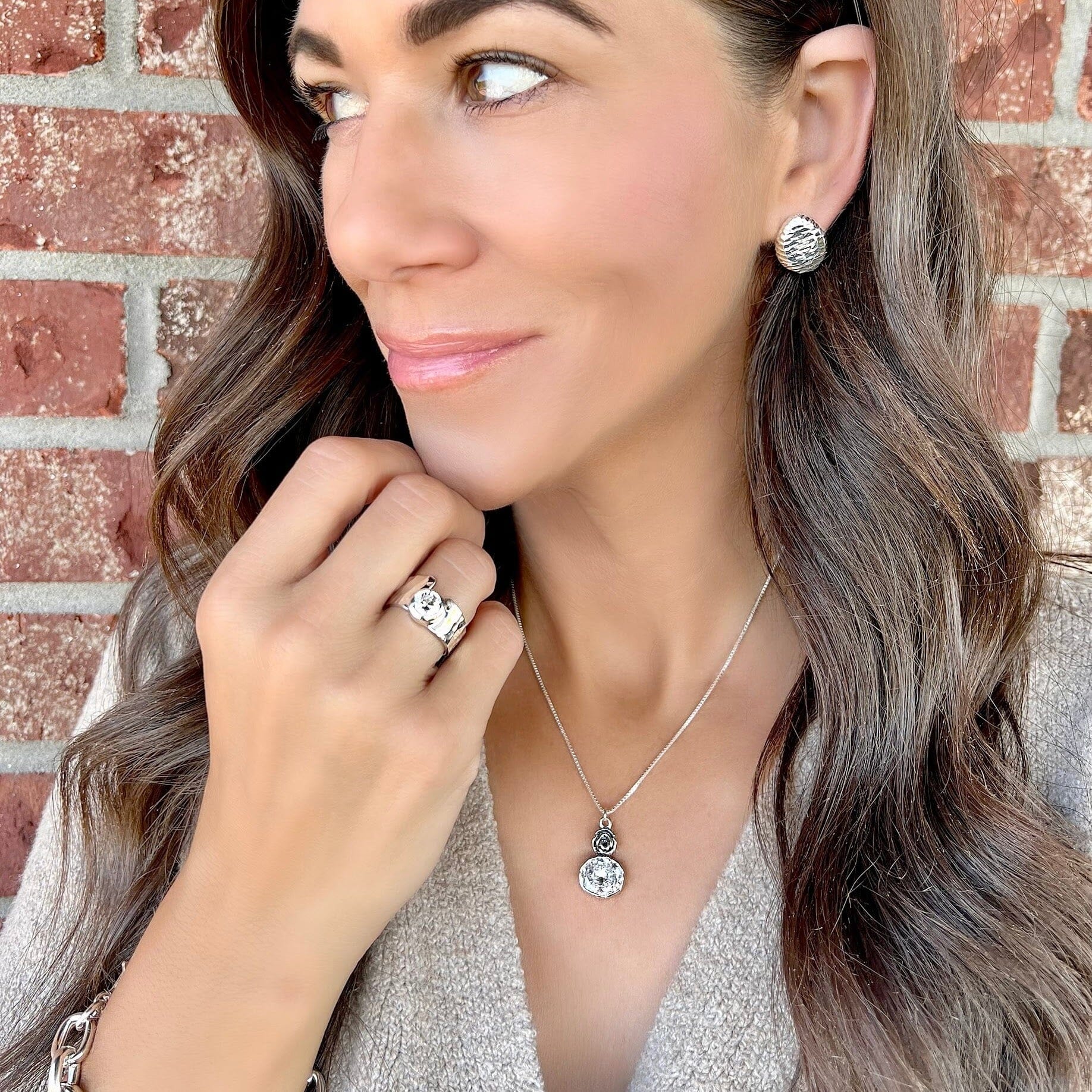 Ripple Effect Earrings paired with Modern Posh Ring and Rose-Mary Necklace