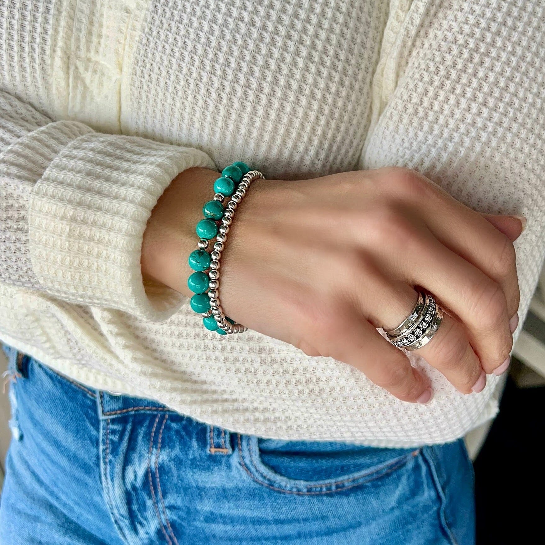 western turquoise bracelet paired with the beaded stack bracelet and primitive shine ring