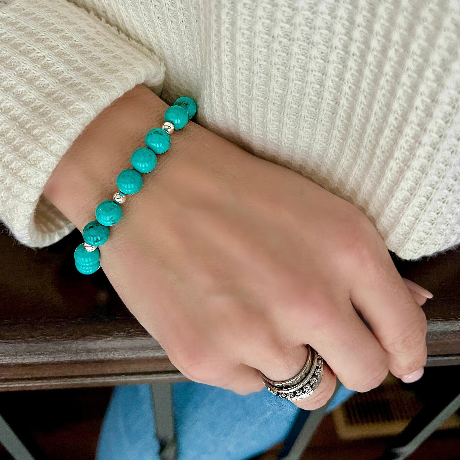 turquoise bead bracelet with sterling silver beads.