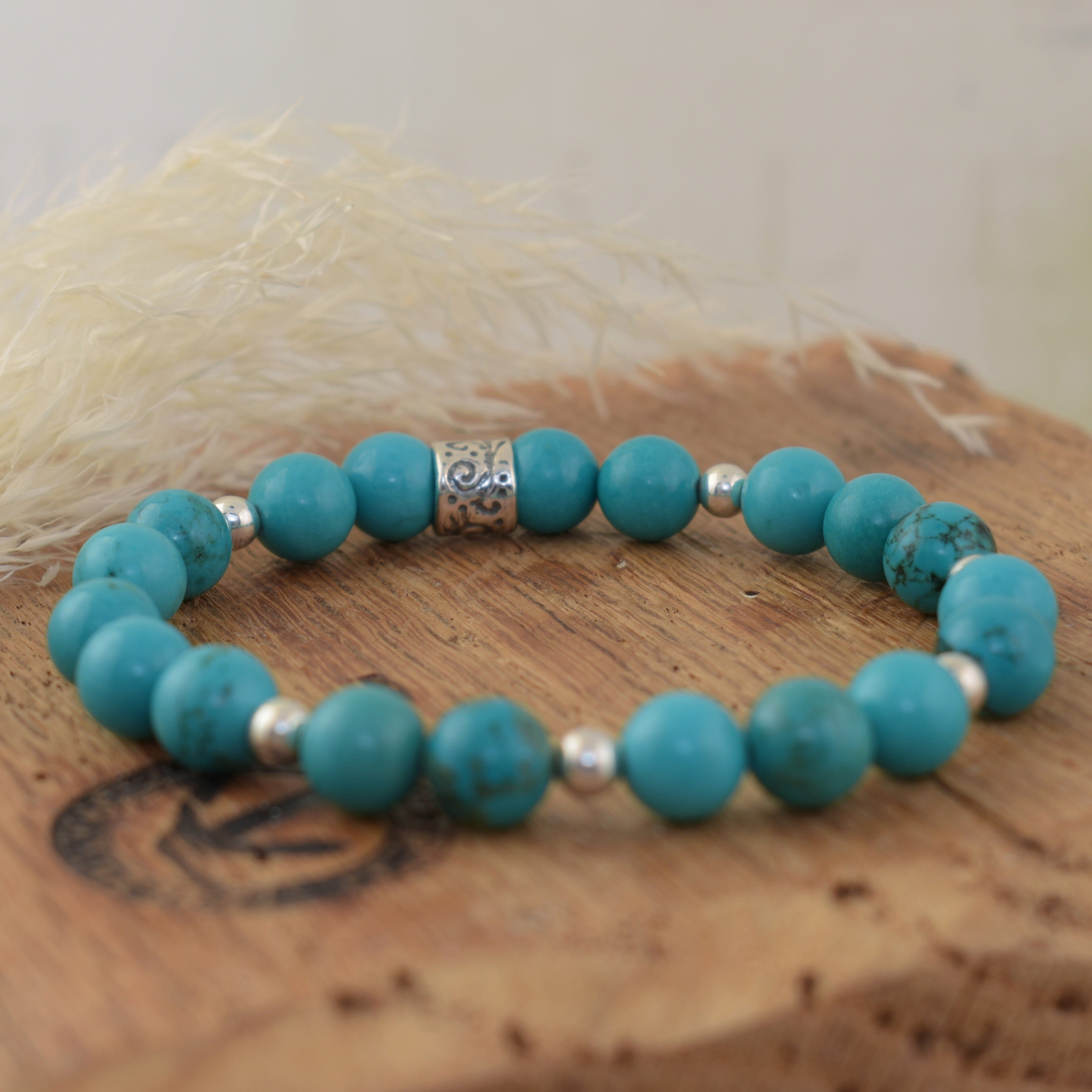 chunky stretch bracelet featuring various turquoise beads and hematite