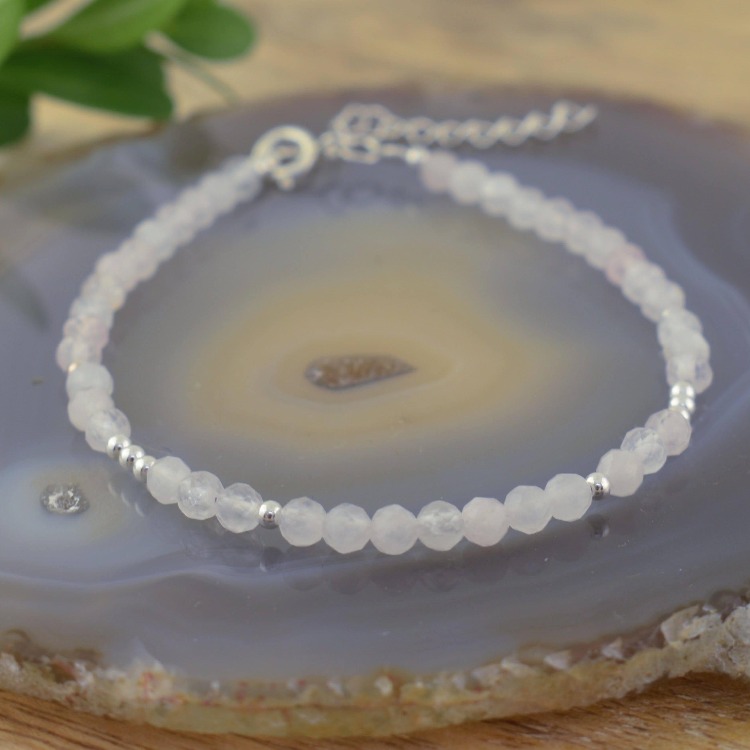 Rose quarts stone bracelet with silver beads