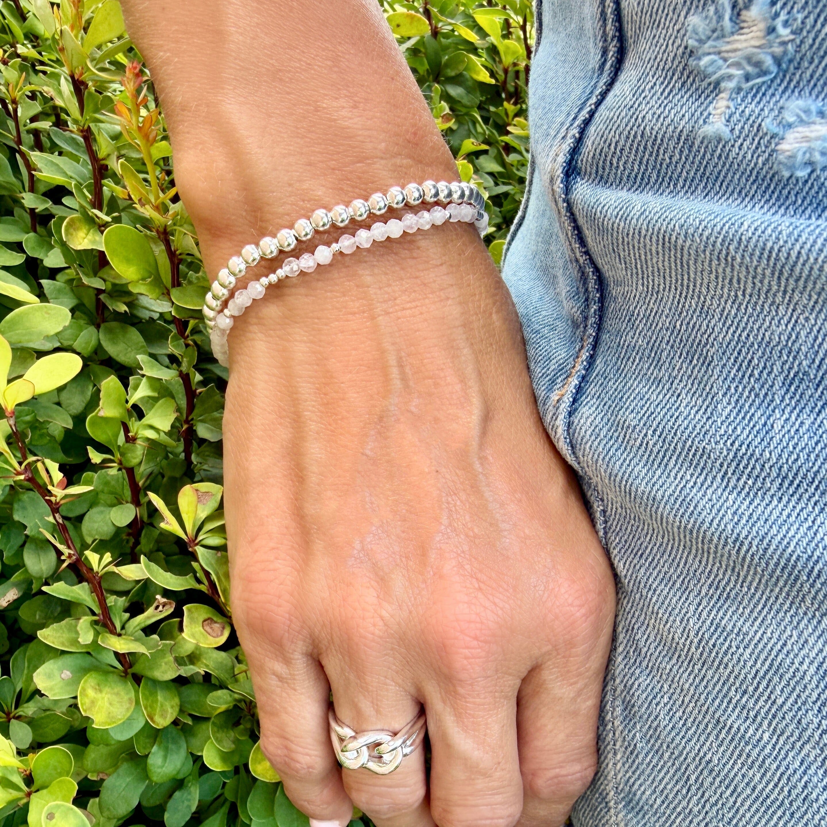 sterling silver and rose quartz stack bracelet