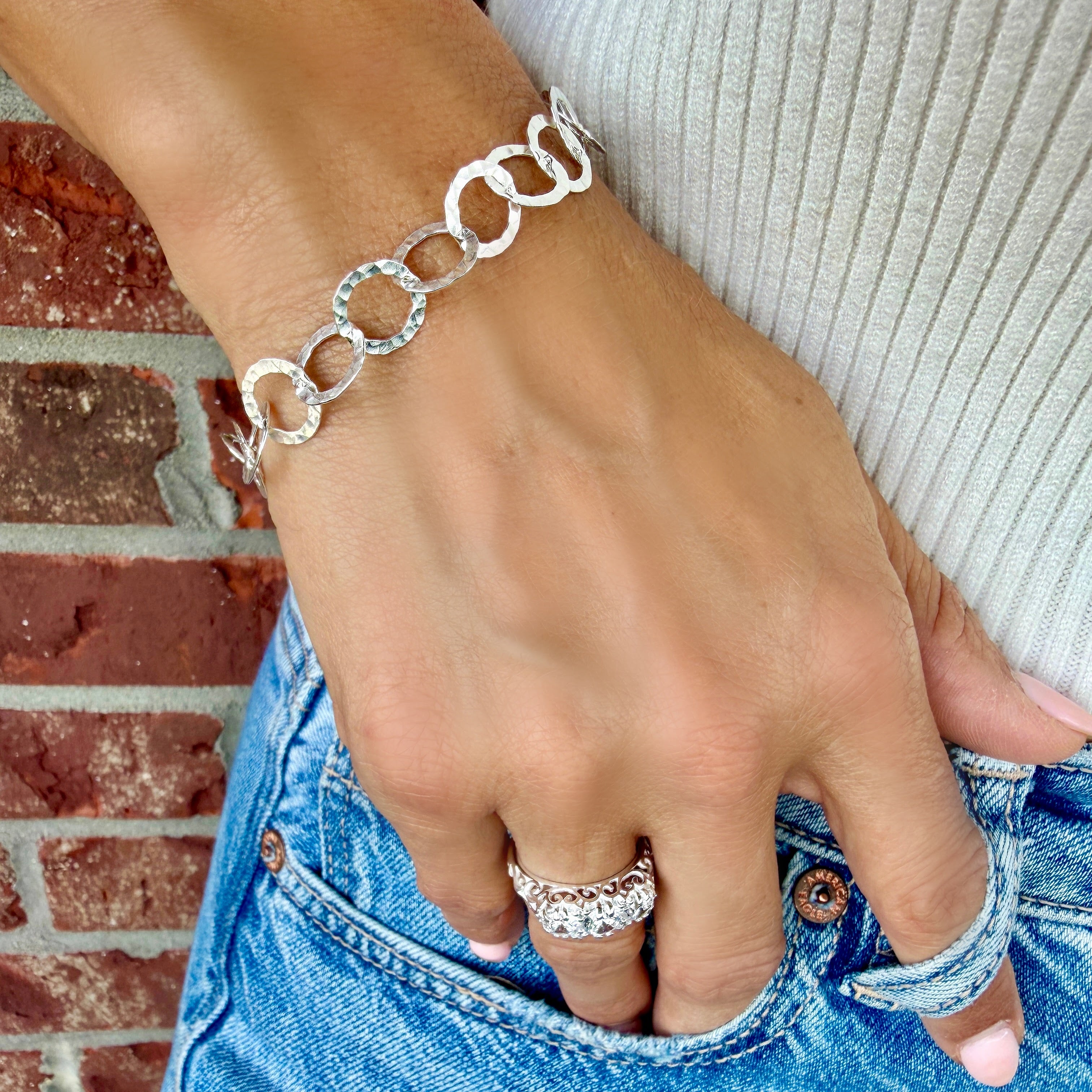 Sterling silver hammered link bracelet