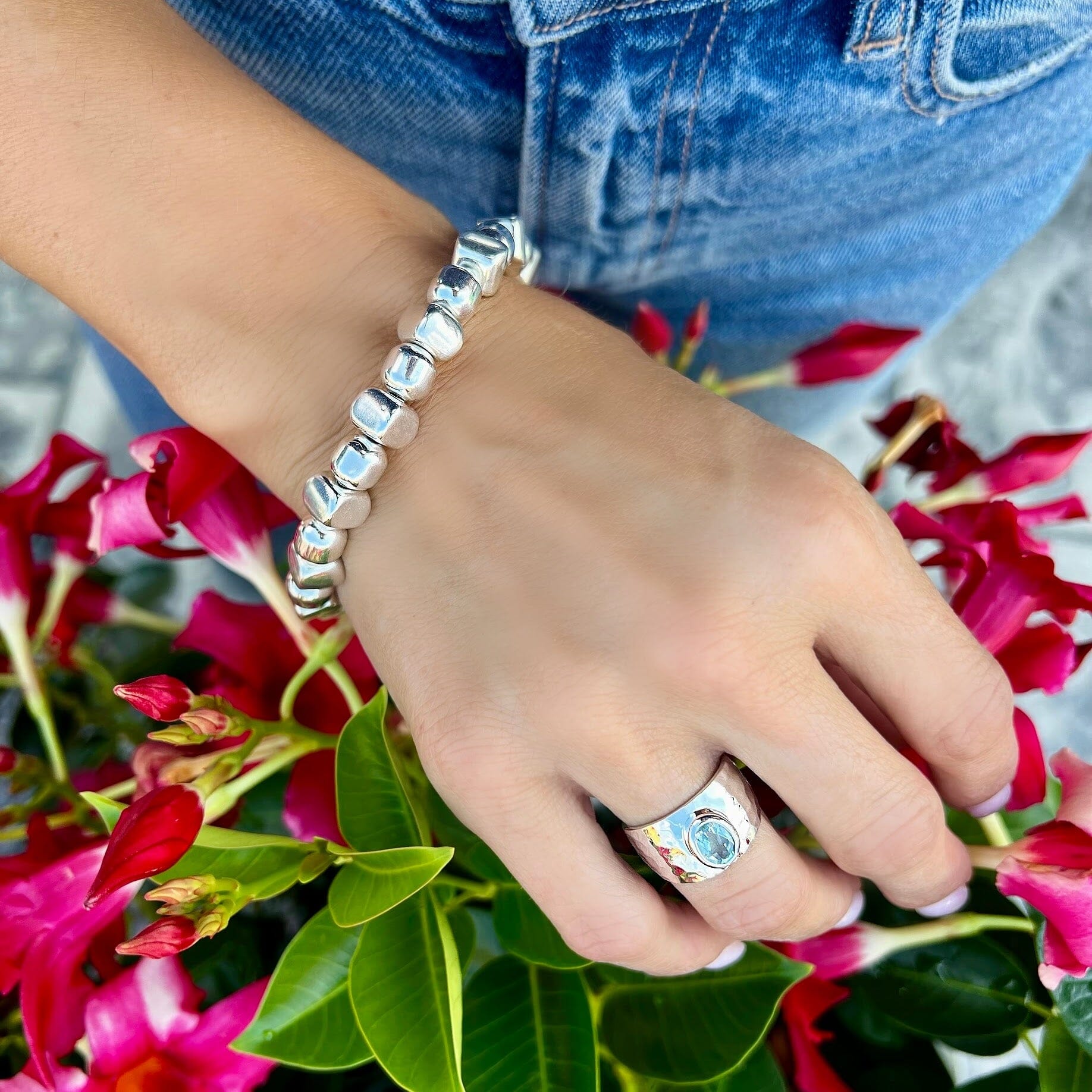 Roundabout Bracelet in .925 sterling silver paired with the right as rain ring