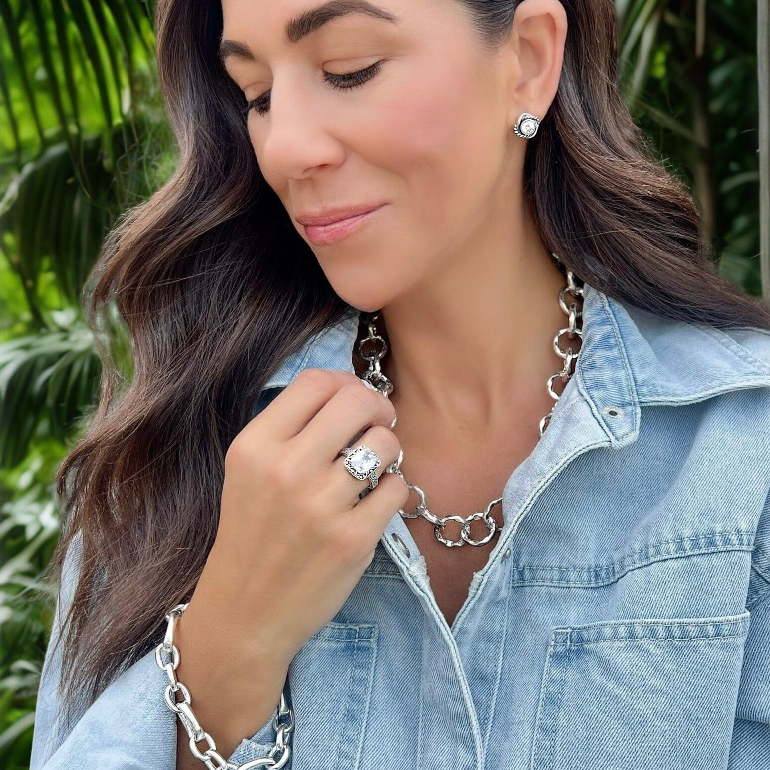 Round the Square Earrings paired with Today's Girl Necklace, High Class Drama Ring, and Linked-Up Bracelet