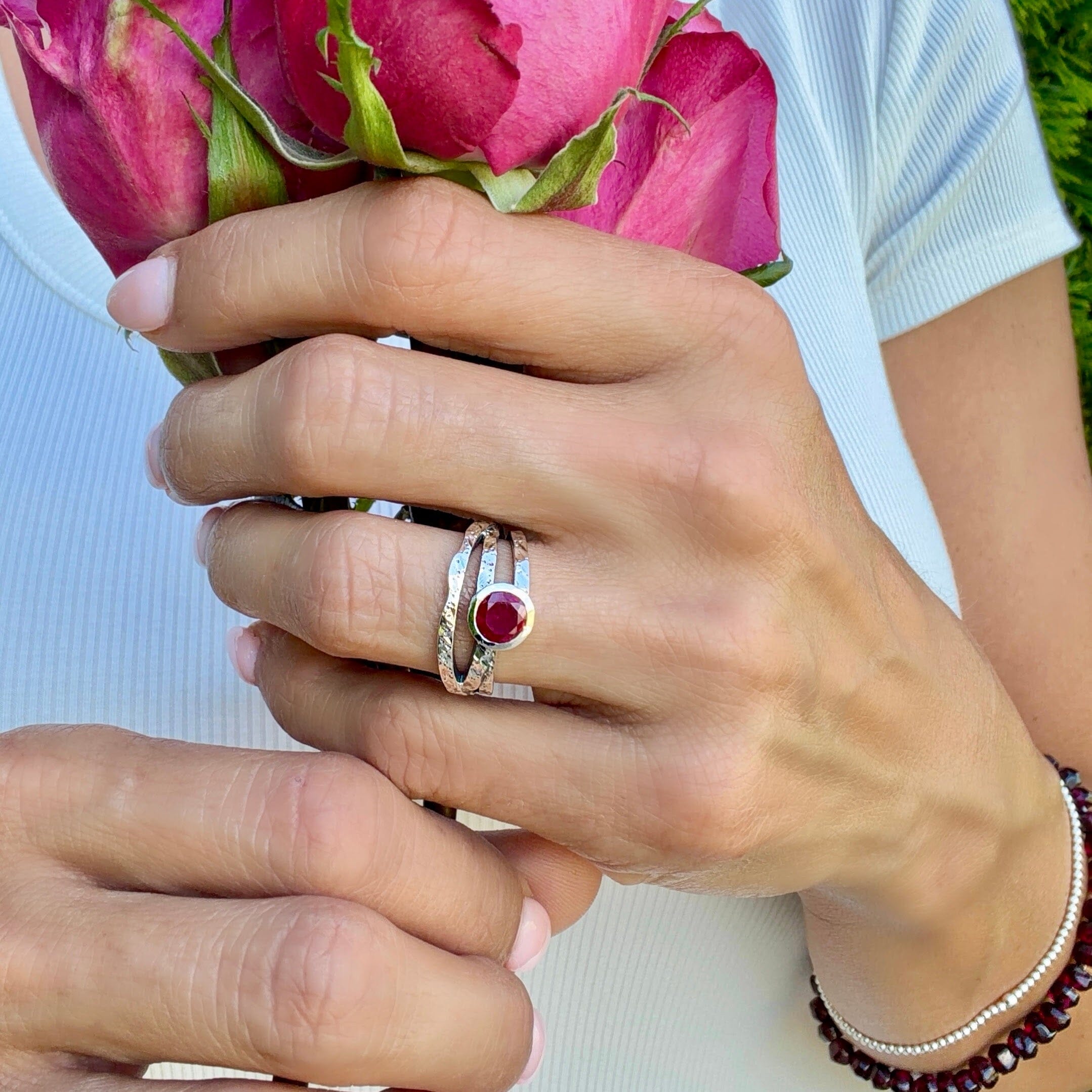 ruby cz stone bezel set with hammered bands