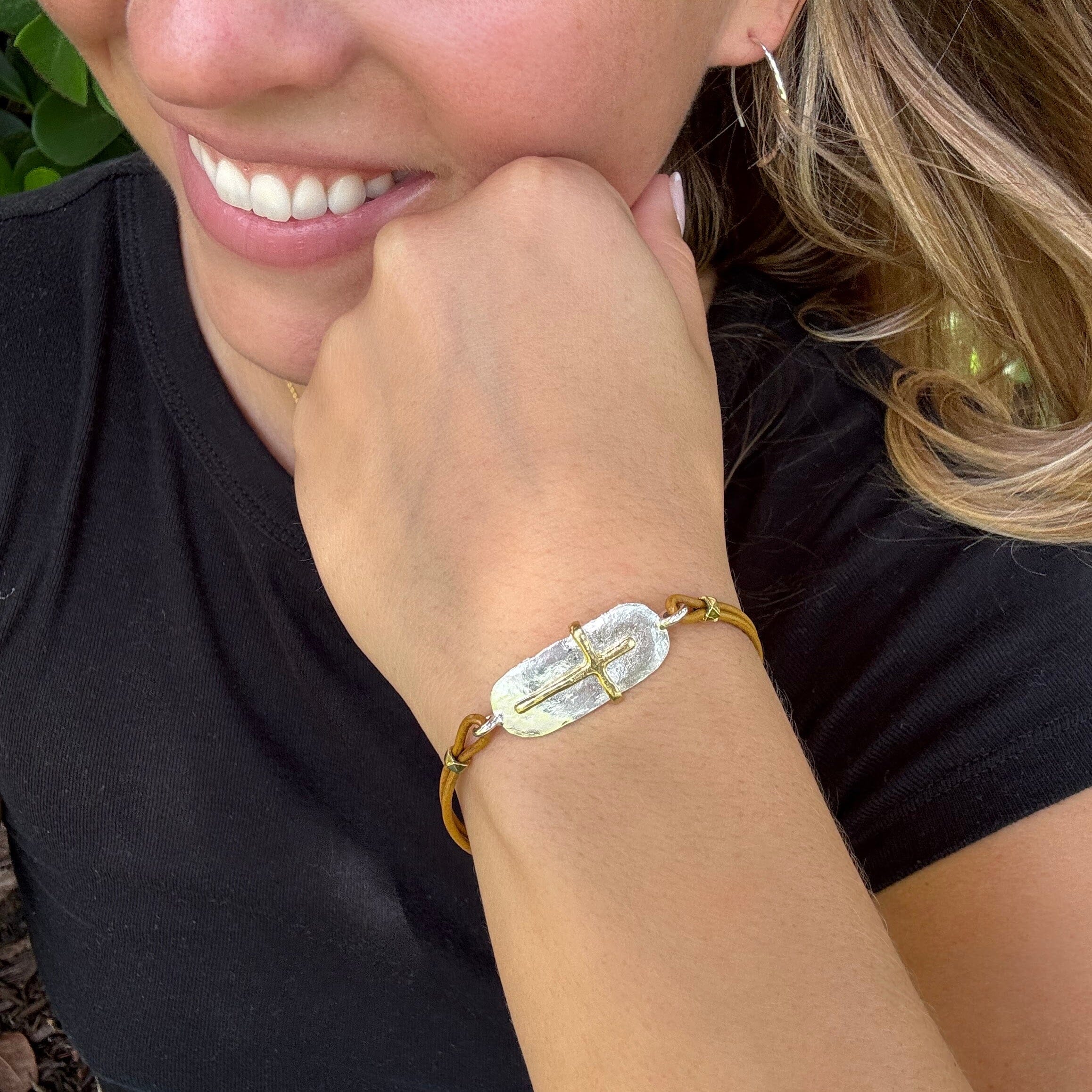 rustic style cross bracelet featuring sterling silver and brass