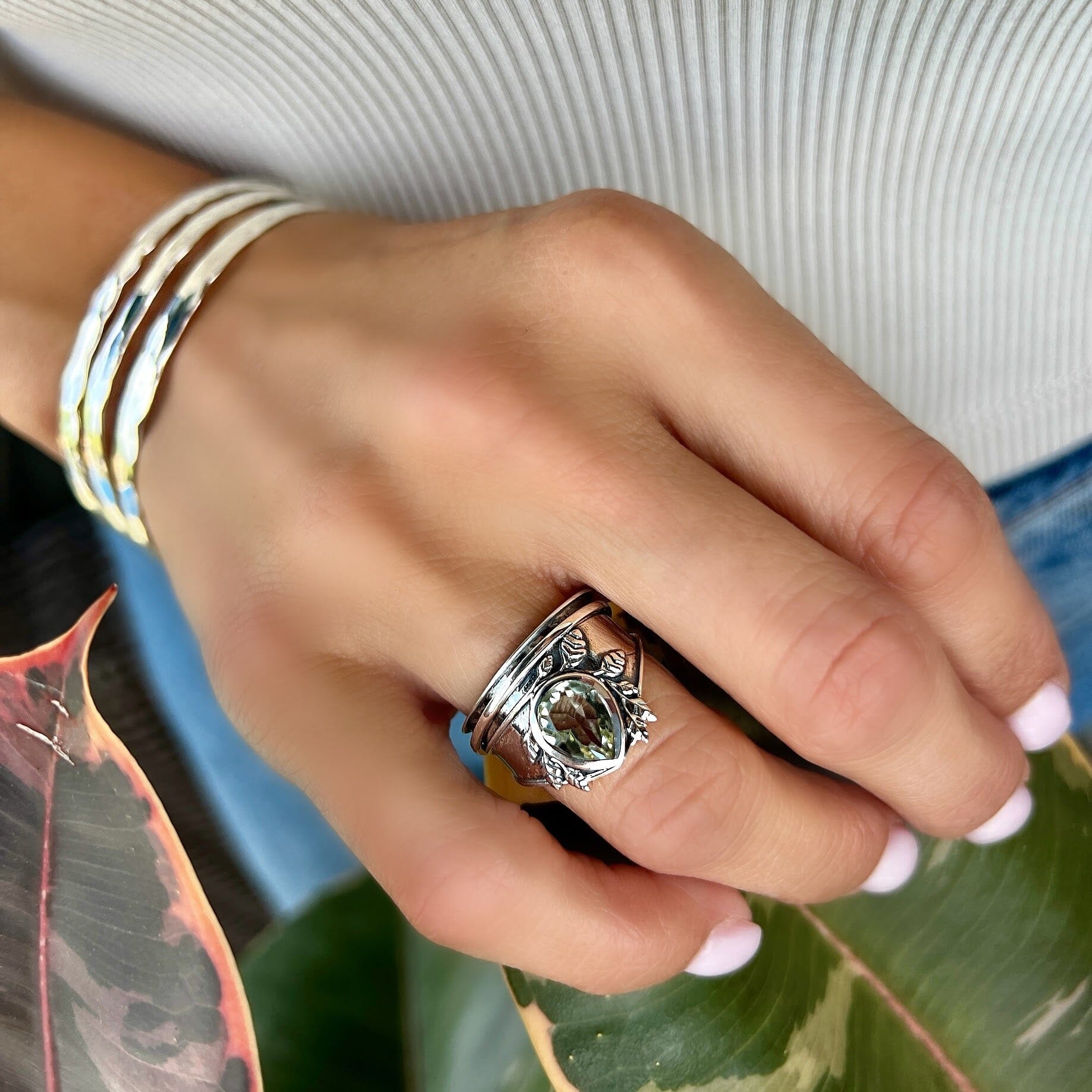 drop shaped Green Amethyst  stone bezel set
