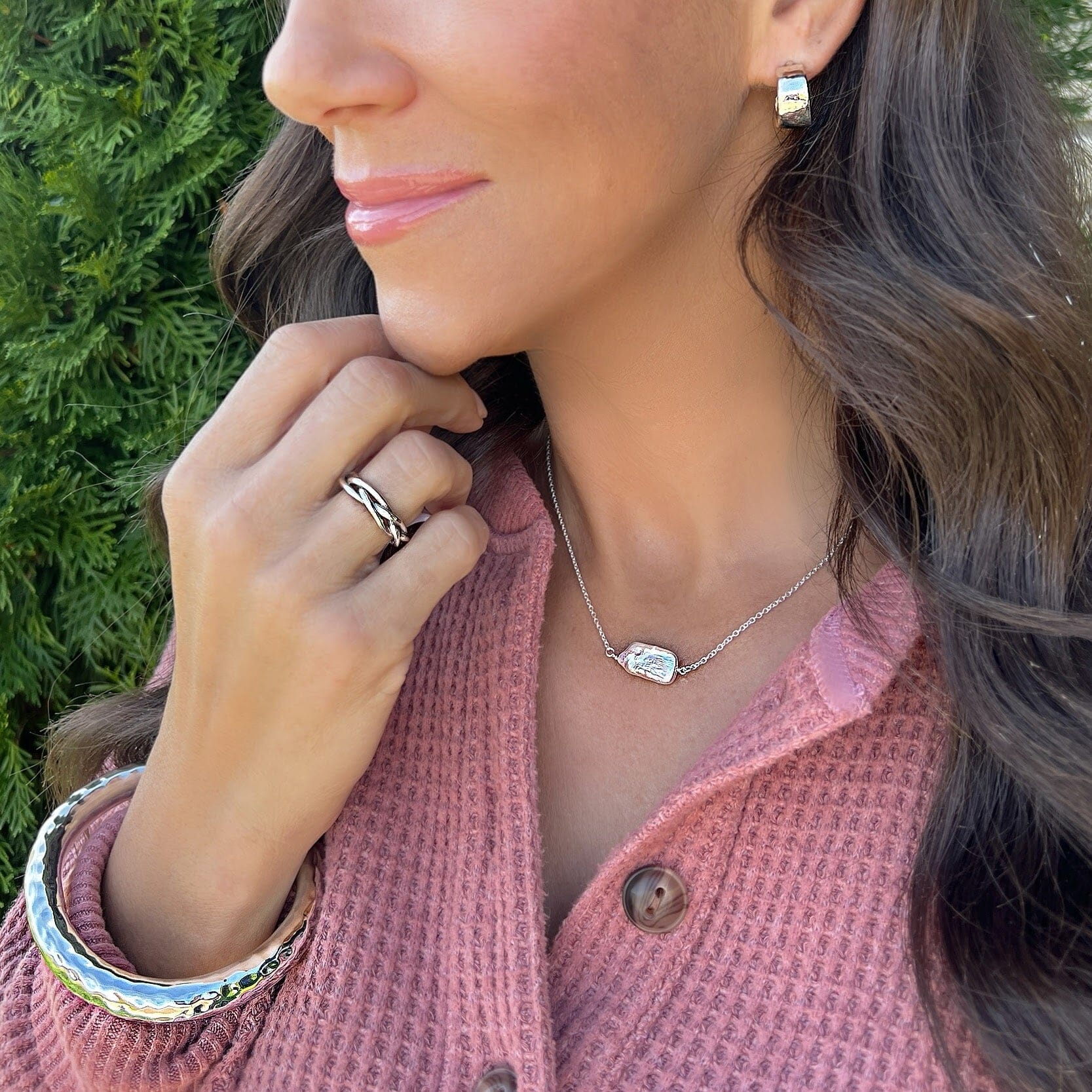 Salt & Soul Necklace paired with the plot twist ring, sonoma bangle, and the Dust and Silver earrings
