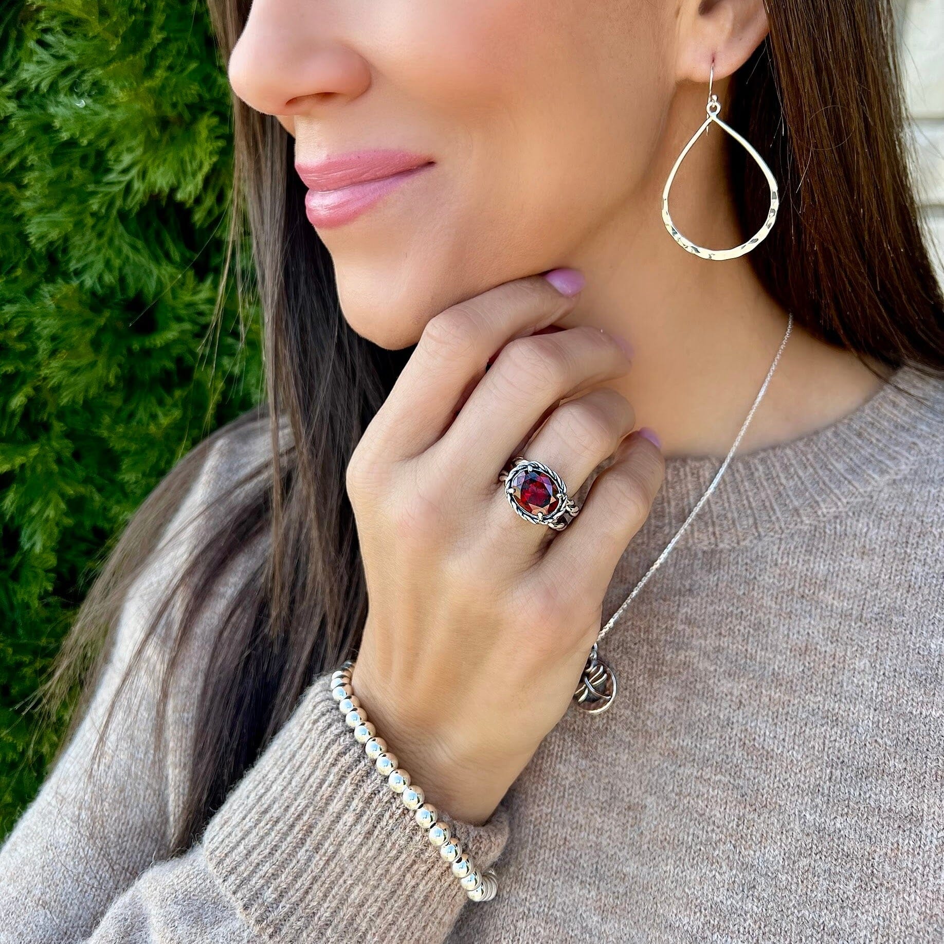 Sass-afire ring, prima donna earrings, beaded stretch bracelet, meant to fly nk