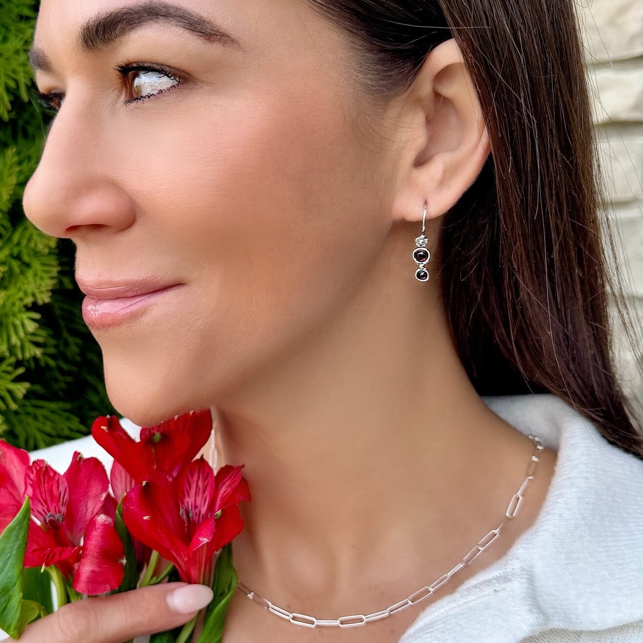 floral garnet earrings in sterling silver