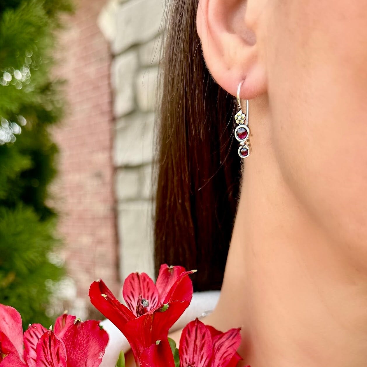 sterling silver and double garnet drop earrings