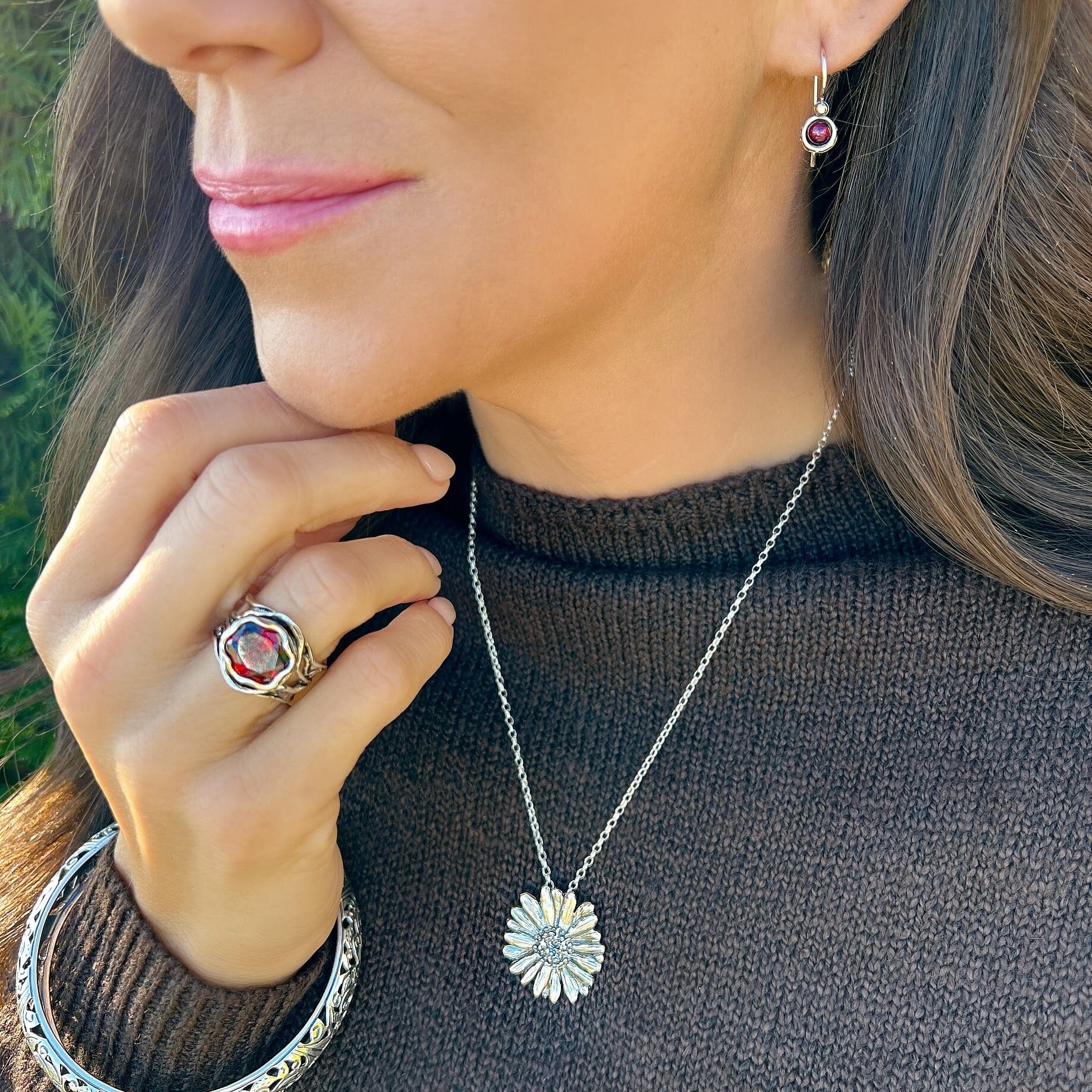 Scarlet Serenade earrings paired with the Daisy flower, Sedona red ring and the sterling vineyard bangle
