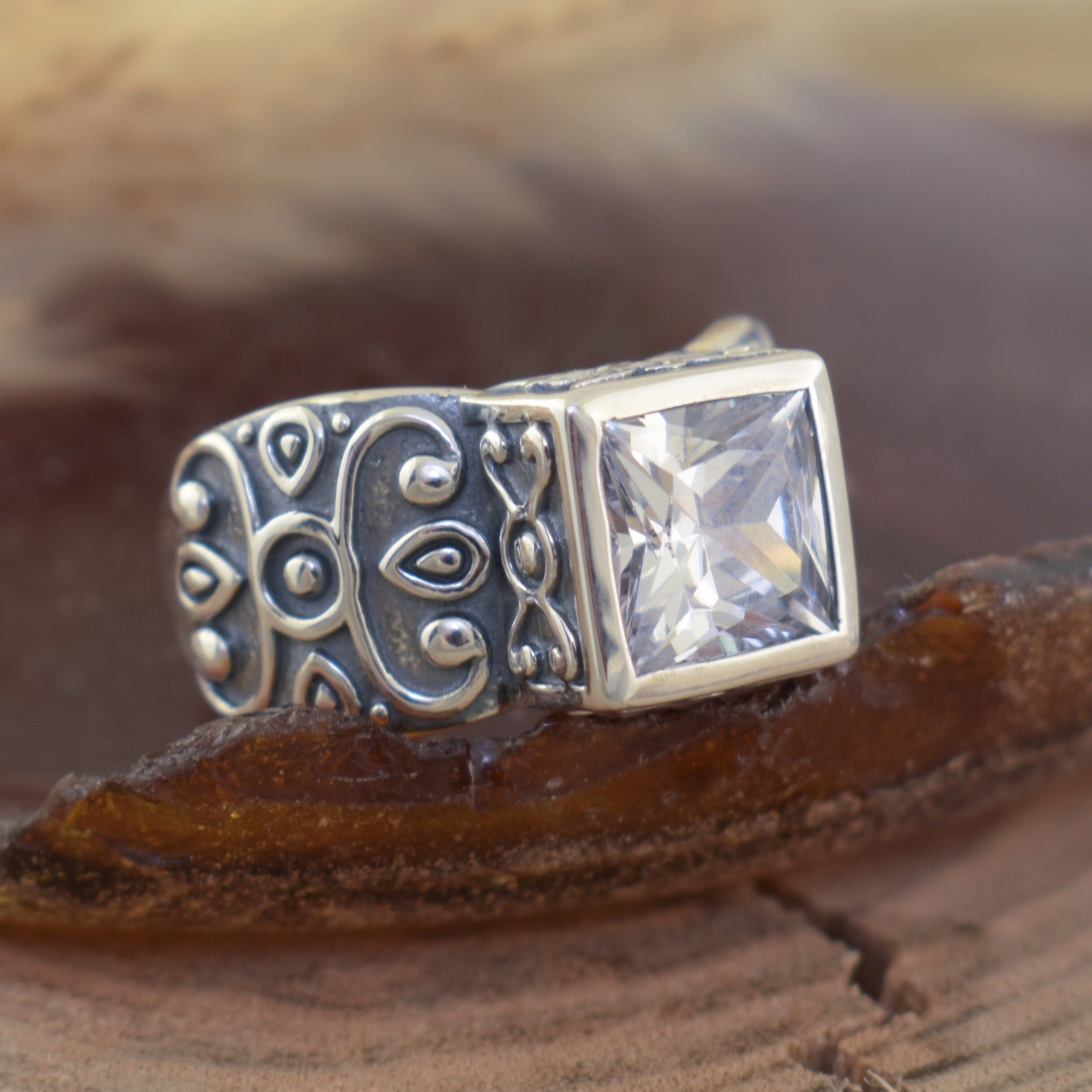 square cut clear cz stone bezel set