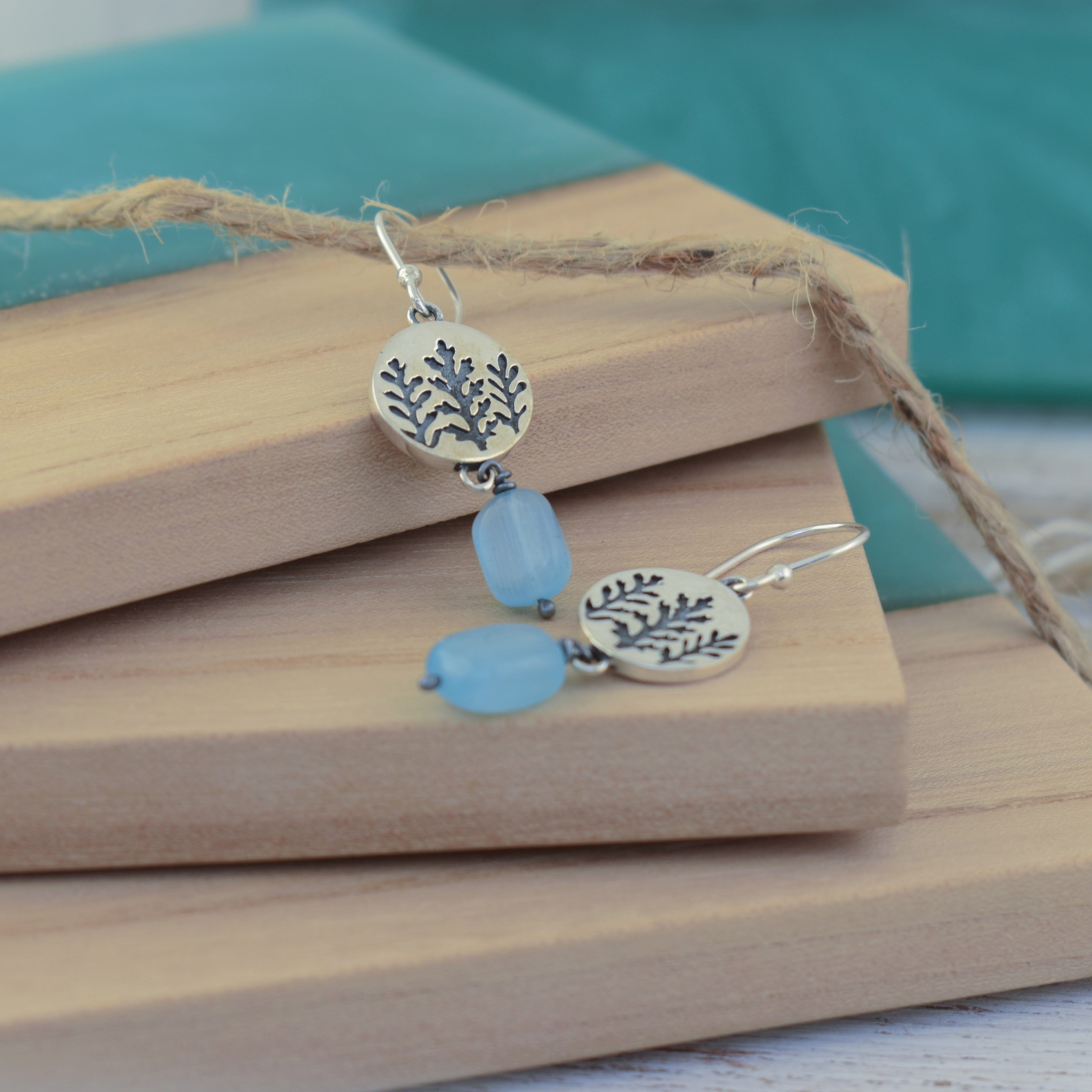 sterling silver dangle earrings with leaf patterens stamped